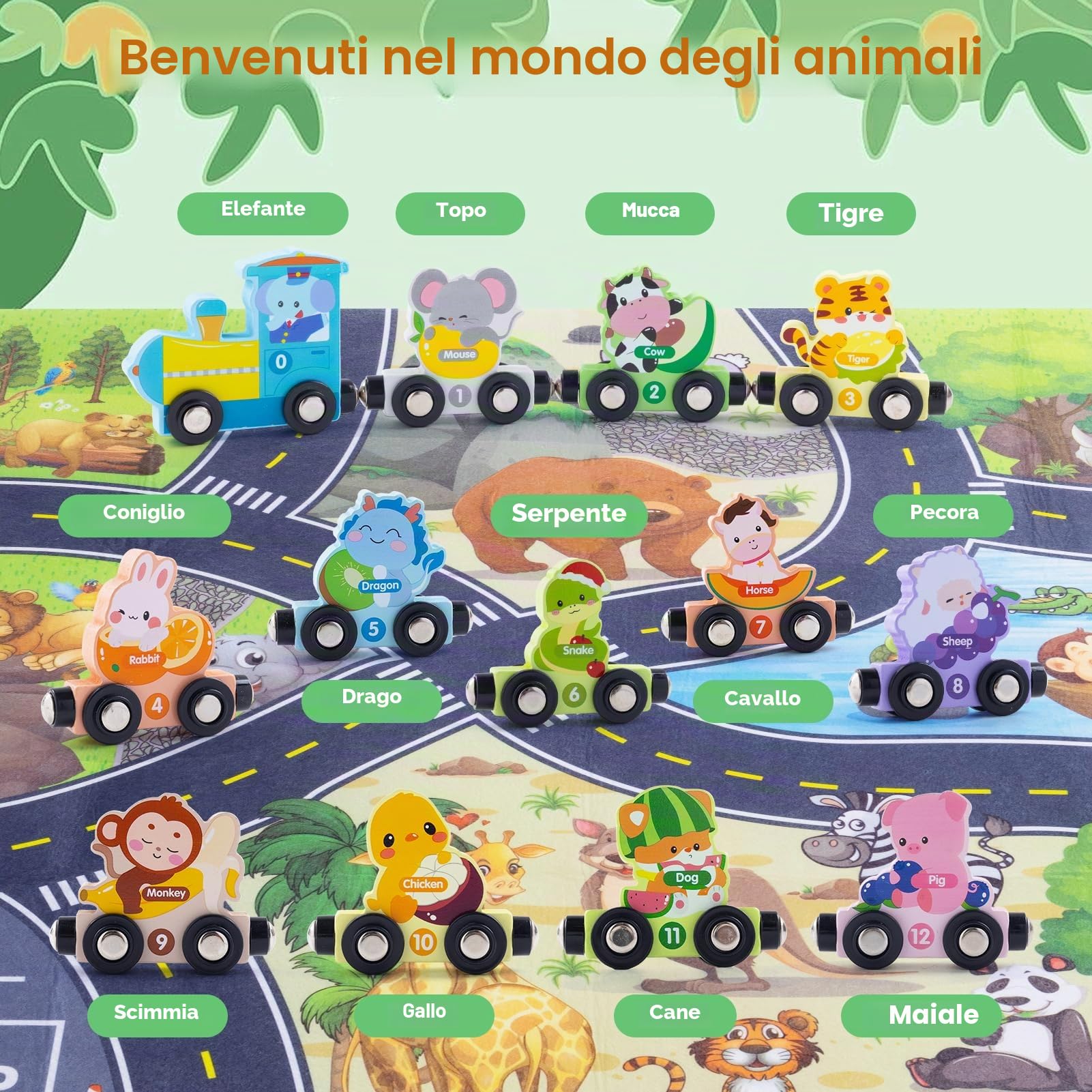 Giocattoli Montessori a partire da 1, 2, 3 anni, Set di 13 Animali in Legno a Forma di Treno, Treno di Animali Magnetico in Legno con Tappetino da Gioco, Giocattolo Educativo per Motorizzazione per