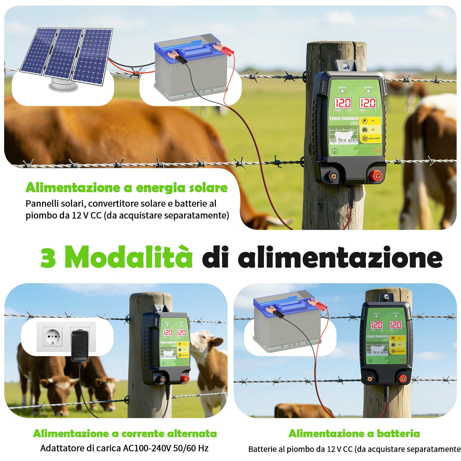 12KM Elettrificatore per Recinzione Elettrica, 12 kV 3,0 J Tensione di Uscita Recinto Elettrico per Animali con Schermo LCD, Protezione per Cavalli, Pecore, Pascoli e Fattorie (Nero e verde)