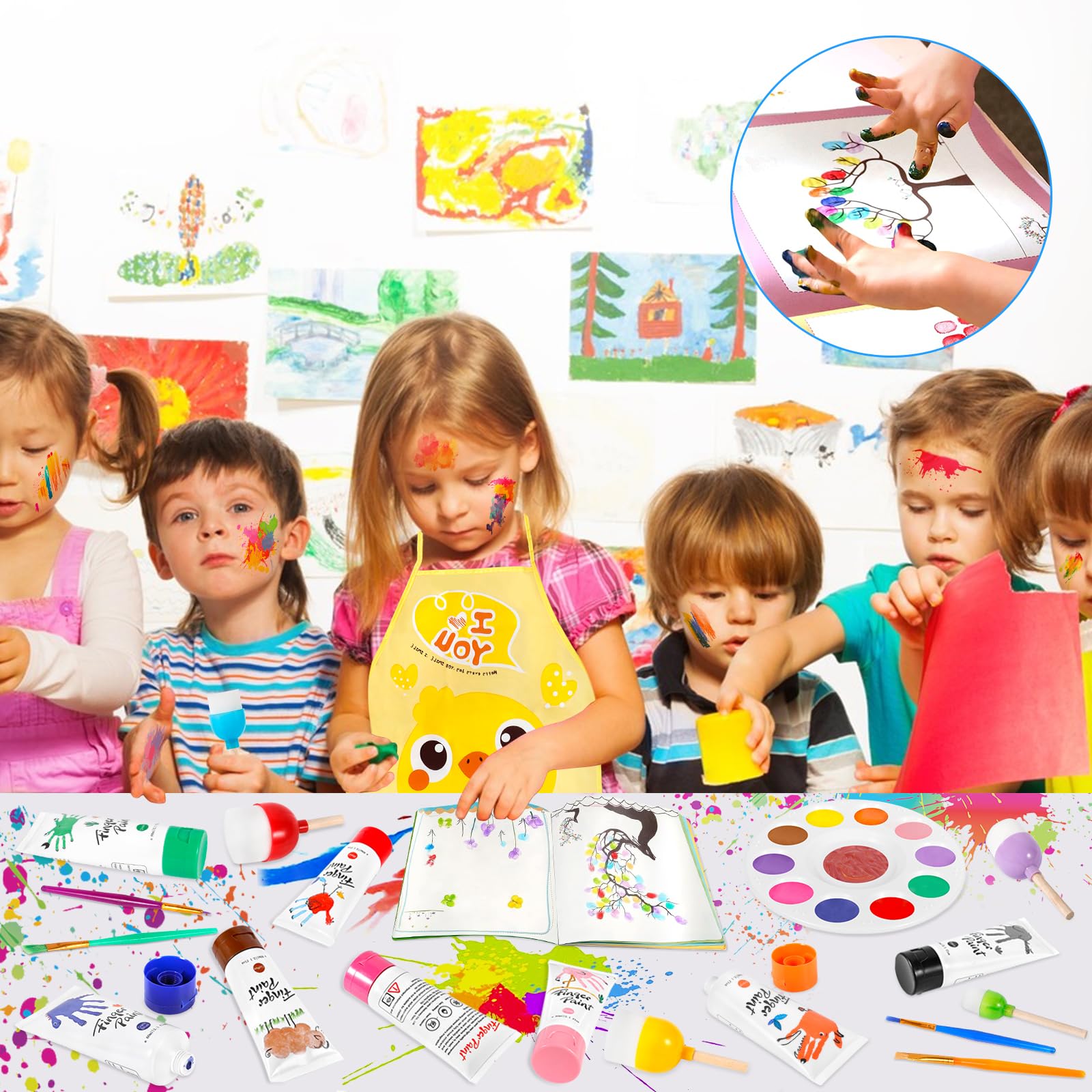AQXONG Pintura para Dedos Lavable para Niños, 56 Pcs Kit de Pintura para Dedos No Tóxico, Kit de Pintura de Bricolaje para Niños Pequeños con 12 Colores de Pigmentos, Alta Capacidad（60ML）