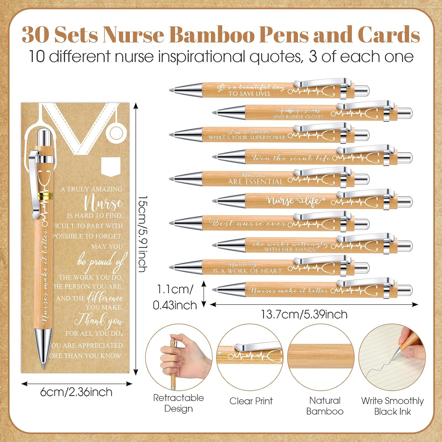 Jetec 30 Sets Nurse Appreciation Gifts Bulk Nurse Practitioner Thank You Gifts for Nursing Students Coworkers Employees Doctor Team Staff Office Include Bamboo Pens Cards Keychains