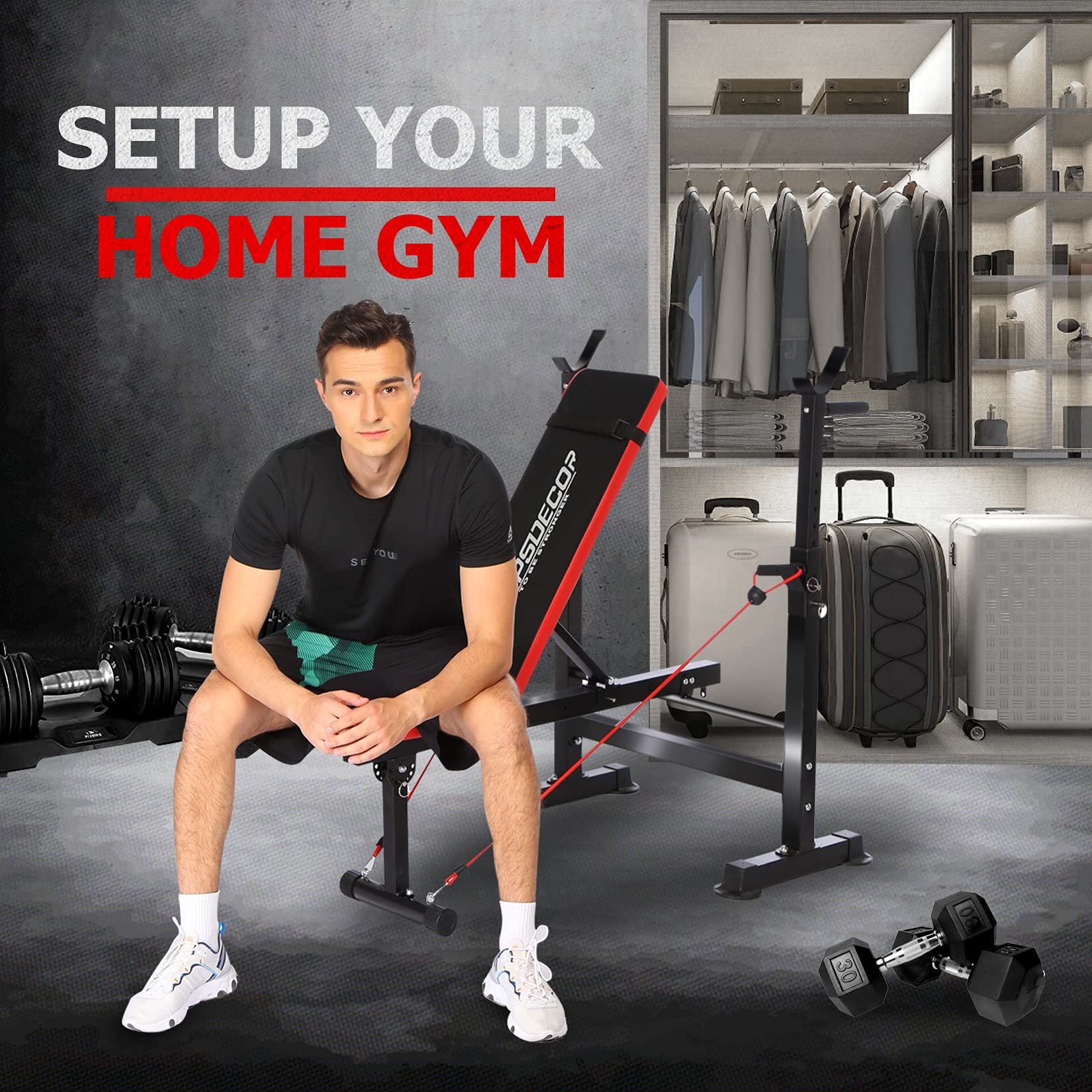 6-in-1 900LBS ASTM-Certified Foldable Weight Bench Set for Home Gym, Adjustable Bench Press Set with Leg Extension, Leg Curl, Preacher Curl, Barbell Squat Rack for Full Body Workout, Strength Training
