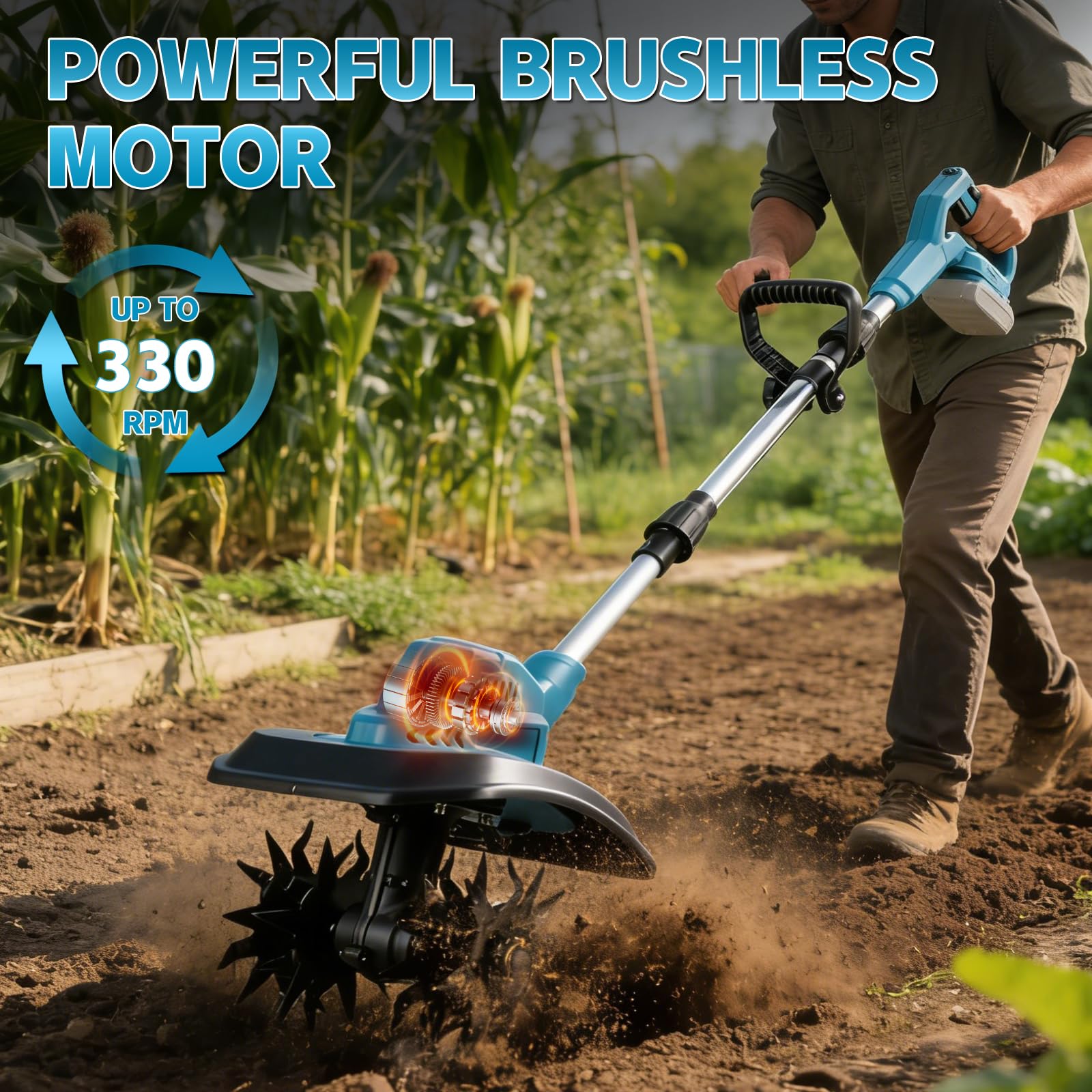 Motoazada Electrica Compatible con Makita 18V Batería, Motocultor Baterías inalámbrico, Ancho de Trabajo de 20 cm, de Trabajo 15 cm, Mango Plegable, Motocultor para Jardín Huerto Césped (sin batería)