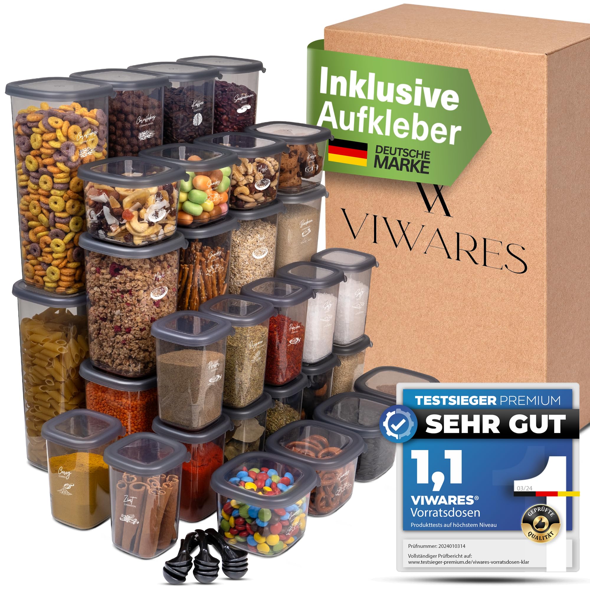 Viwares Tarros de almacenamiento con tapa herméticos – Juego de 36 recipientes de almacenamiento herméticos para especias, cereales, harina, cocina, práctica caja de almacenamiento para alimentos