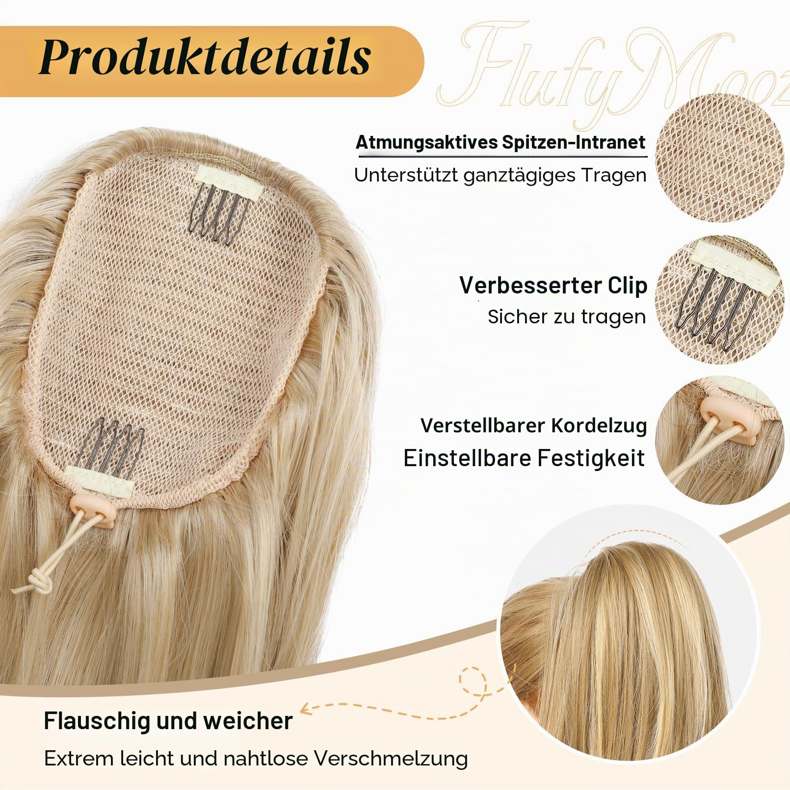 Flufymooz Ponytail Extension, 50 cm Pferdeschwanz Haarverlängerung mit Kordelzug für Frauen weiches, natürlich aussehendes synthetisches Pferdeschwanz Haarteil-Dunkelblond bis Hellblond