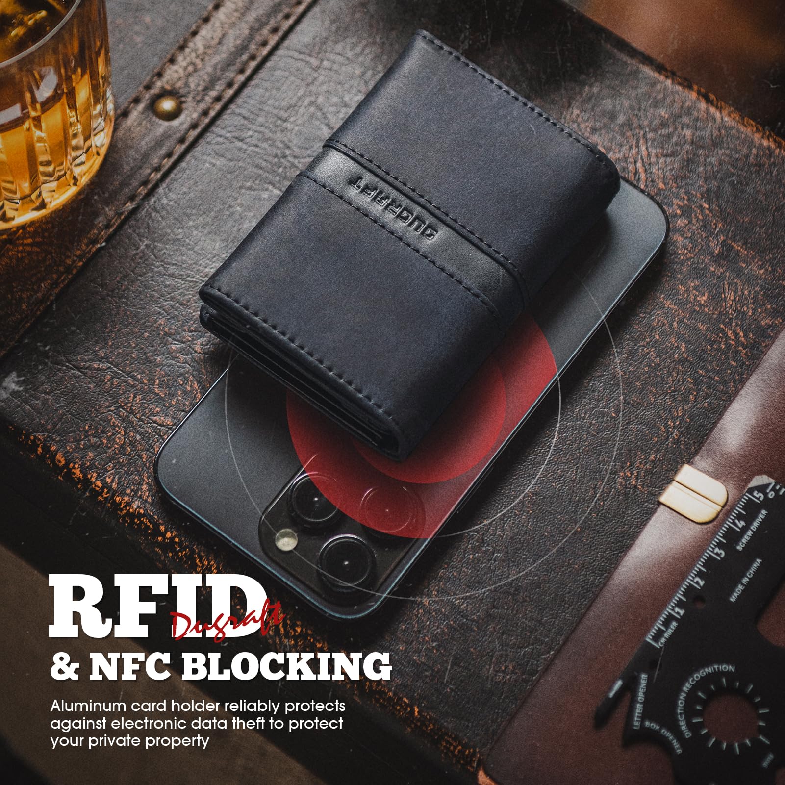 DUGRAFT Kartenetui mit Ausweisfenster, Leder, RFID-blockierend, minimalistisch, Pop-Up-Geldbörse, Aluminium, Metall, Kreditkartenetui mit Geldscheinfach, dunkelblau, Kompakt, Minimalistisch