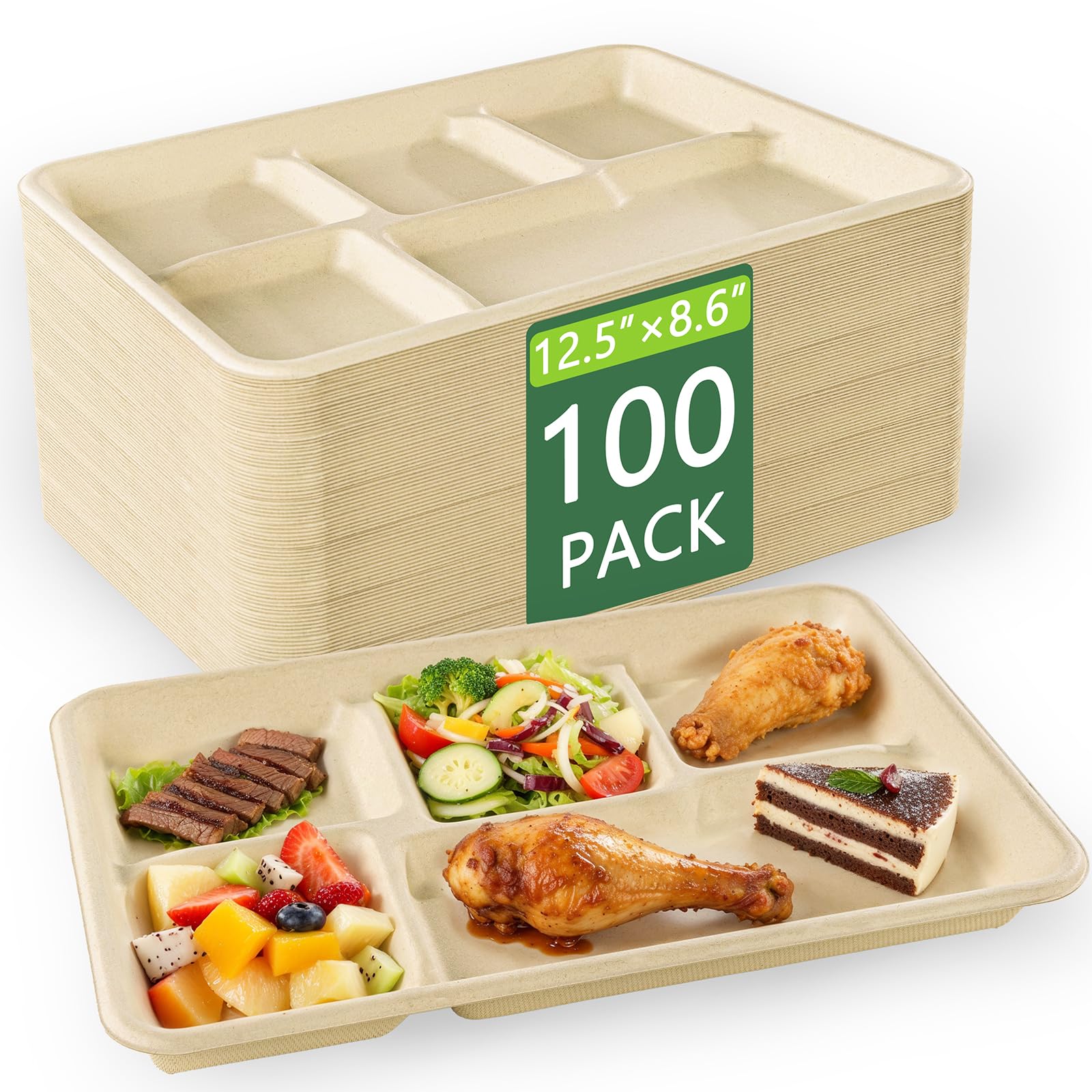 Photo 1 of WELLIFE 5 Compartment Compostable Plates, 100 Pack