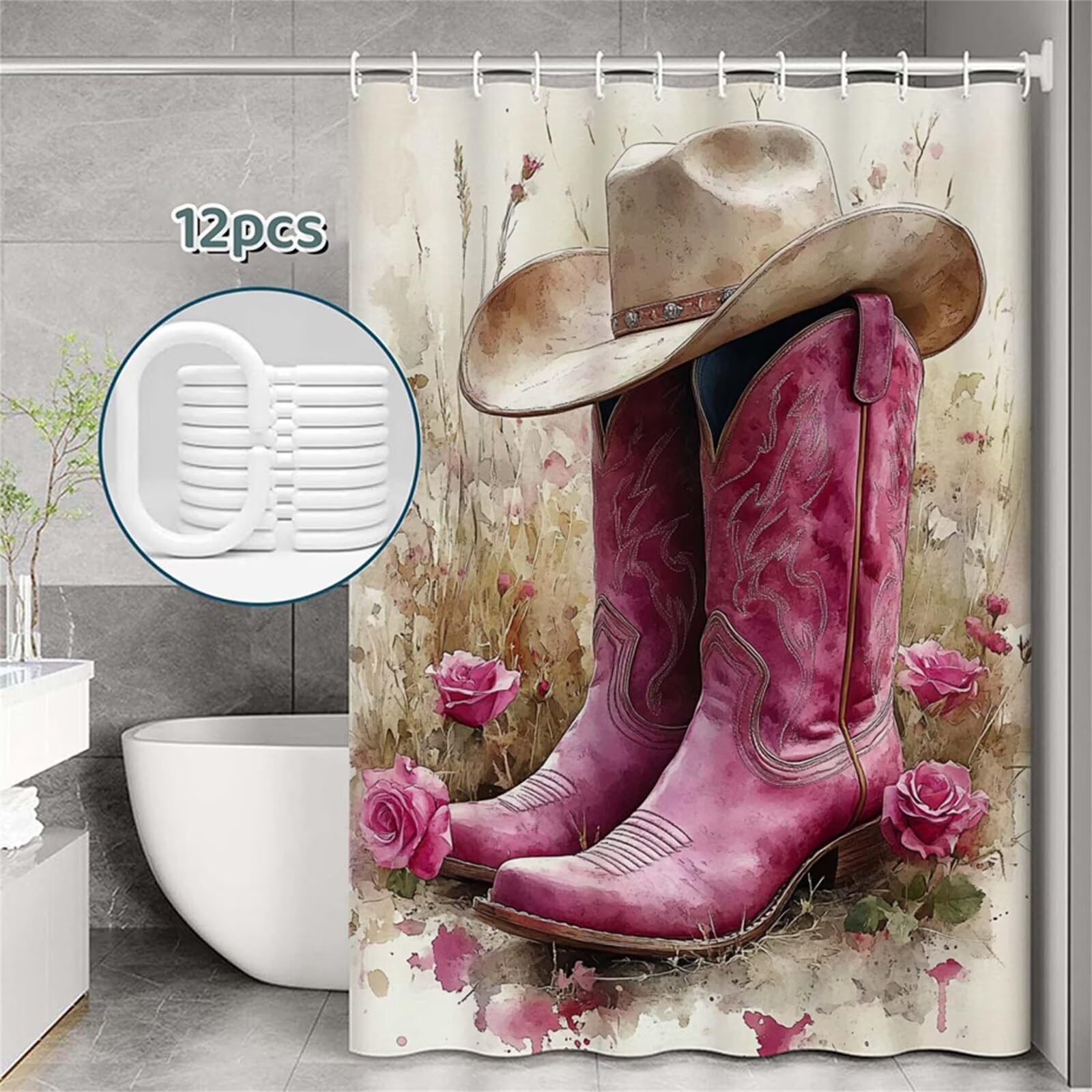 Tenda Doccia in Poliestere rosa,Tende per Doccia Extra Lunga 230x180cm,stivali Tenda Vasca da Bagno Tessuto Lavabile,Impermeabile e Facile da Pulire,con 12 Ganci,Decorazione per Bagno,Hotel Z-528