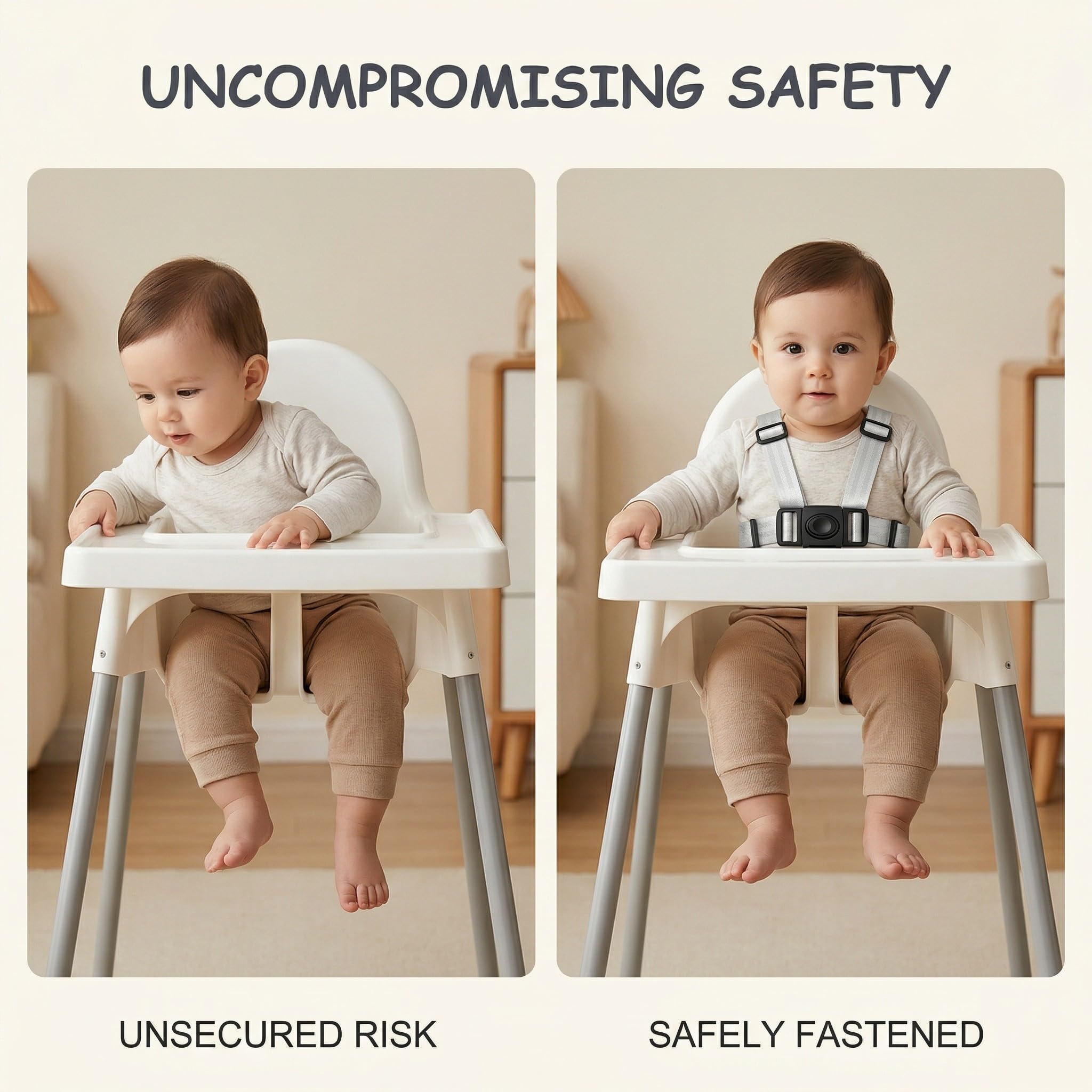 Cintura di Sicurezza a 3 Punti per Seggiolone Pappa, Imbracatura di Ricambio Universale e Regolabile, Cinghia di Protezione per Passeggino, Carrozzina e Sedia Bumbo (Grigio Bianco)