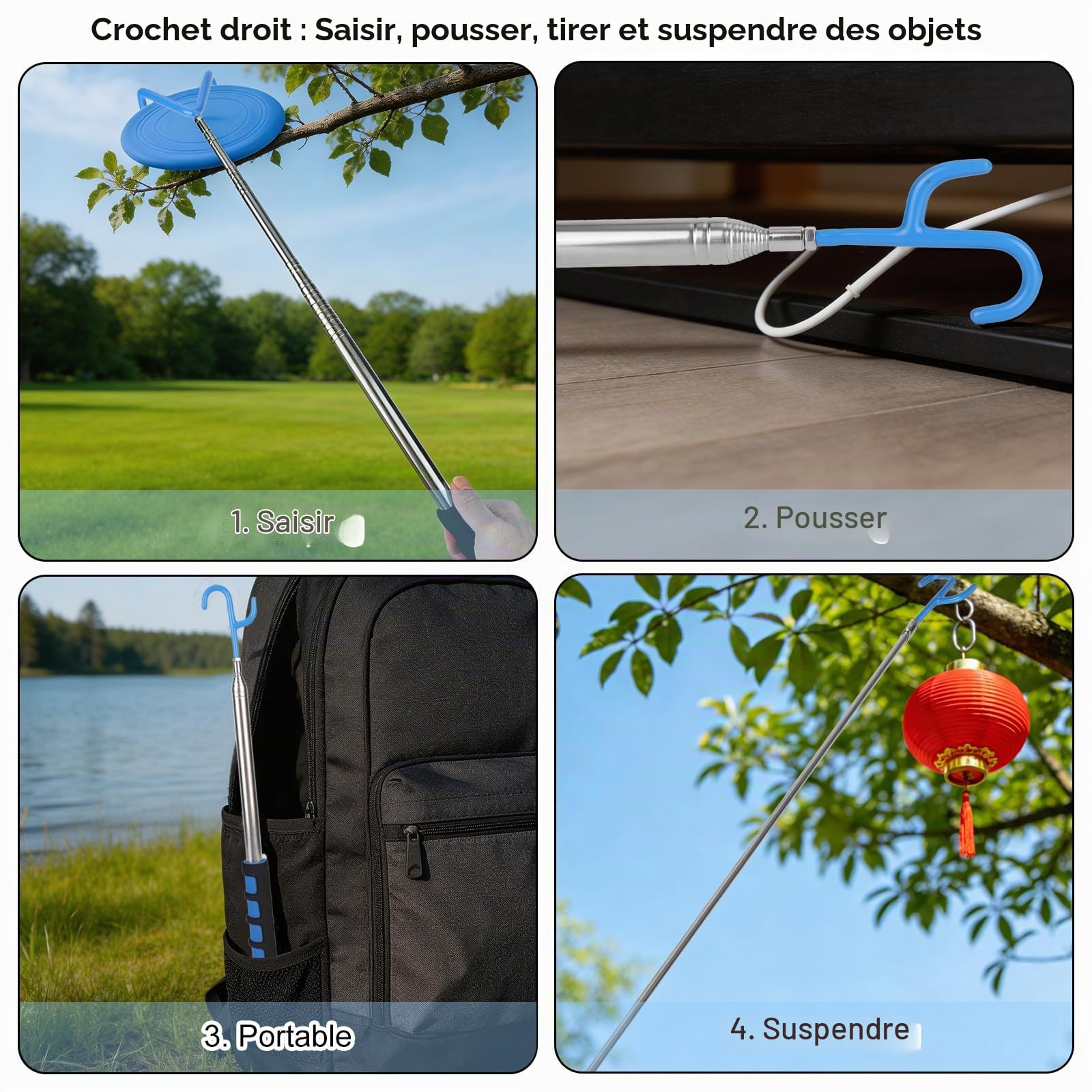 Outil Télescopique Préhensible Barre Magnétique avec 2 Crochets Aimant, 300cm Perche Extensible Pousser Tirer Préhenseur Fils Récupérateur Disque Golf Zones Difficiles D'accès