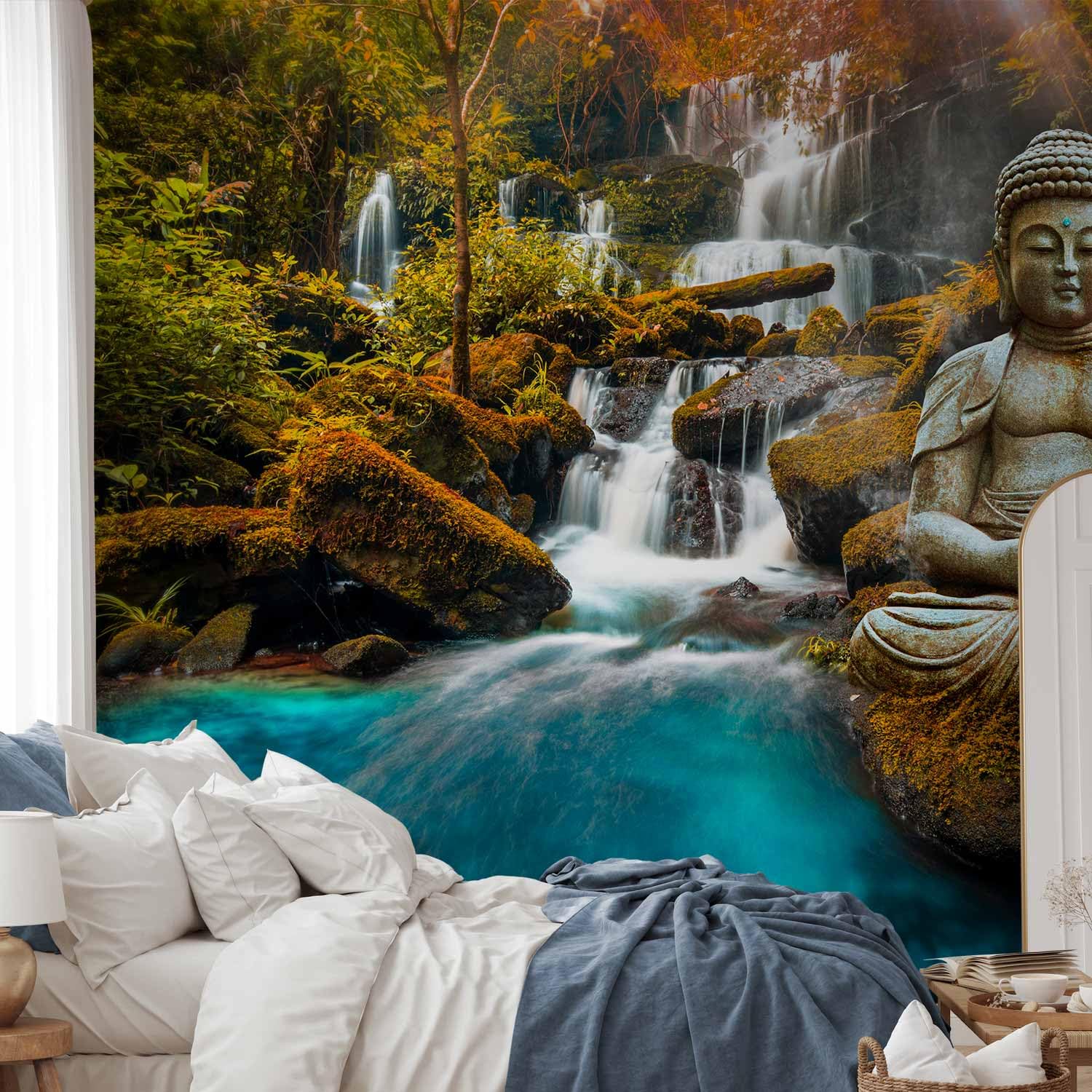 Papier Peint Murando Intissé 300x210 Cm Décoration Murale XXL Poster Tableaux Muraux Tapisserie Photo Trompe L'oeil Bouddha Nature Paysage Chute D''eau C C 0019 A C