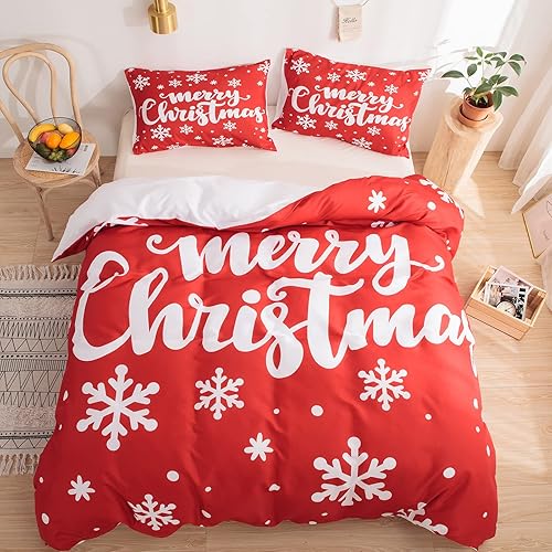 Miniatura 7 de Merryword Juego de funda de edredón de copo de nieve, ropa de cama roja de Navidad con estampado de copos de nieve blancos, juegos de ropa de cama