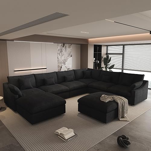 Miniatura 39 de WJShome - Sofá seccional modular en forma de nube para sala de estar, sofá de 160" con relleno de plumón en forma de U con otomano, sofás