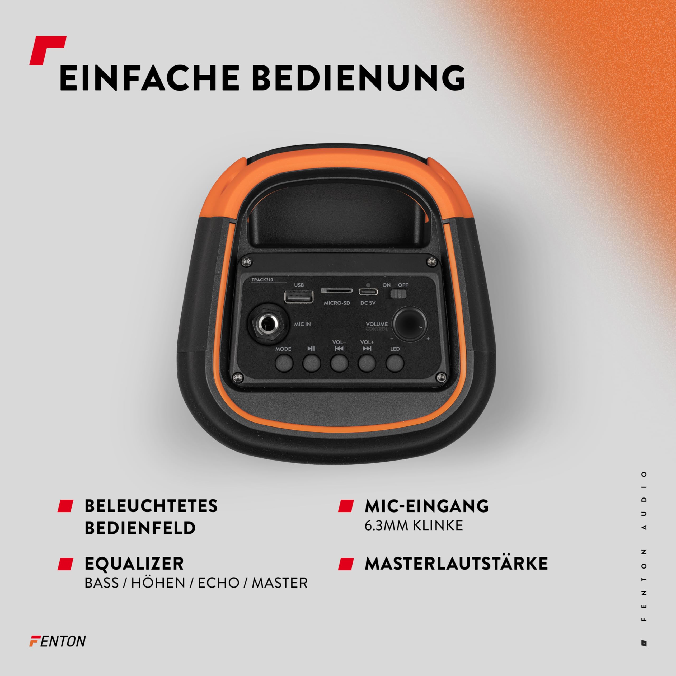 Fenton Track210 Bluetooth Lautsprecher – Party Musikbox 100 Watt mit LED Lichtshow, Akku 8 h, USB/microSD, Mikrofon Karaoke, Stereo-Paarung, tragbare PA Soundbox, Kabellose Partybox mit starkem Bass