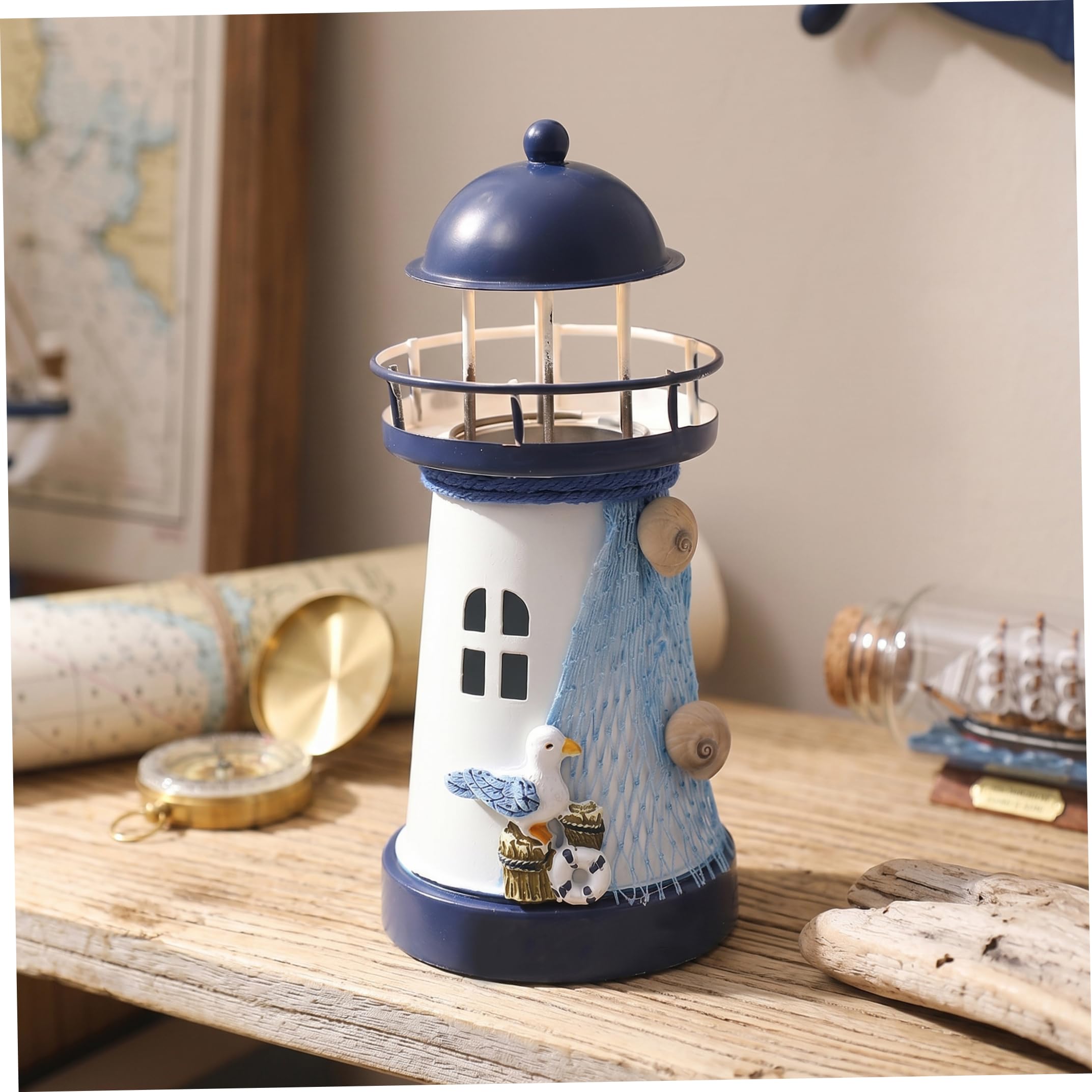 Faticenic Lighthouse Decor, Hand-painted Mini Lighthouse Figurine With Led Glow, Mediterranean Coastal Ornament, Blue & White, 5.91 Inch, Garden Décor