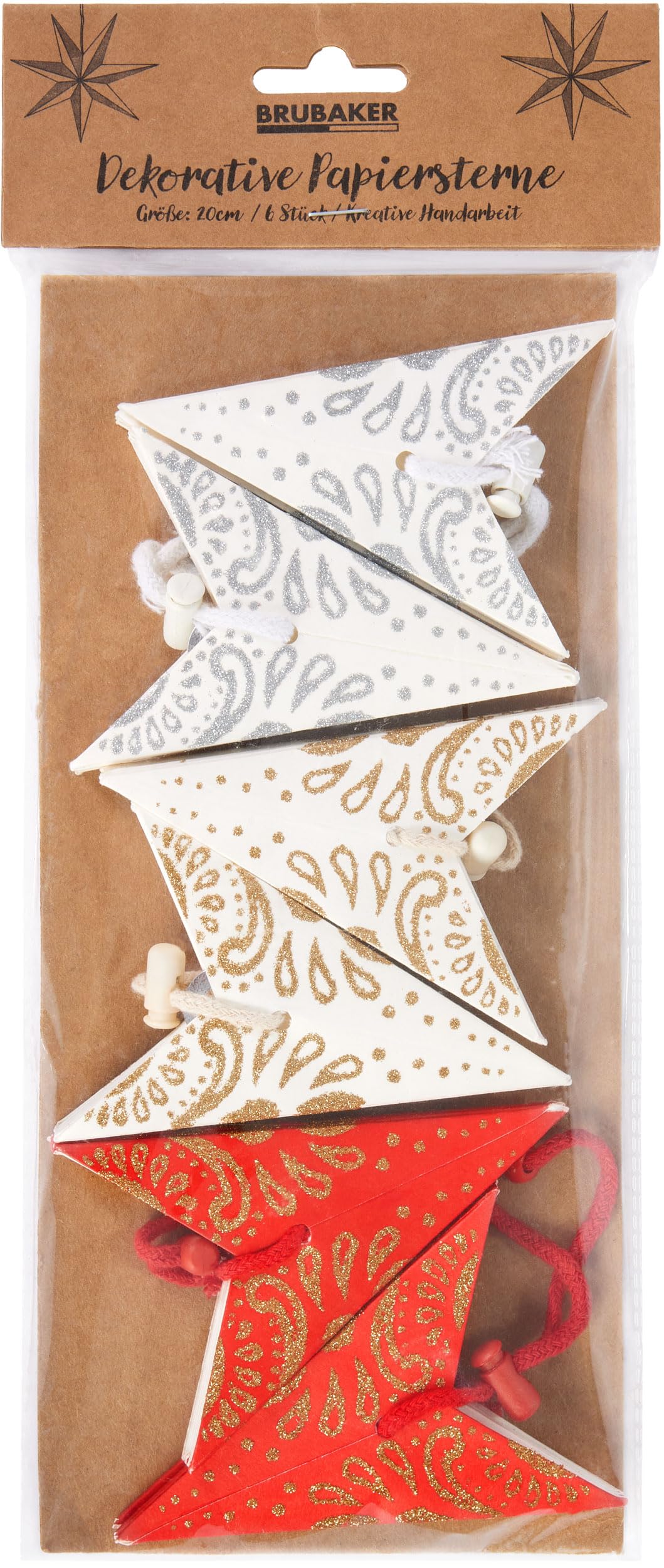 BRUBAKER Set Di 6 Stelle Di Natale In Carta Pieghevoli, 20 Cm, Decorazioni Avvento Per Albero E Finestra, Oro E Bianco Con Motivi Scintillanti