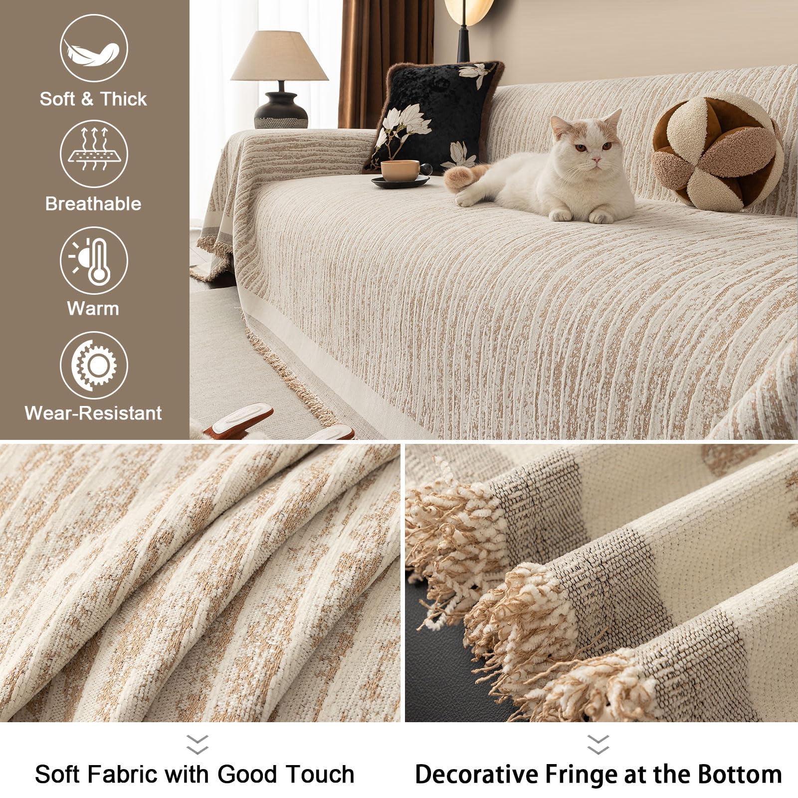 LiveGo Chenille Sofa Cover for 3 Seater, Soft Non-Slip Slipcover with Tassel - Image 3
