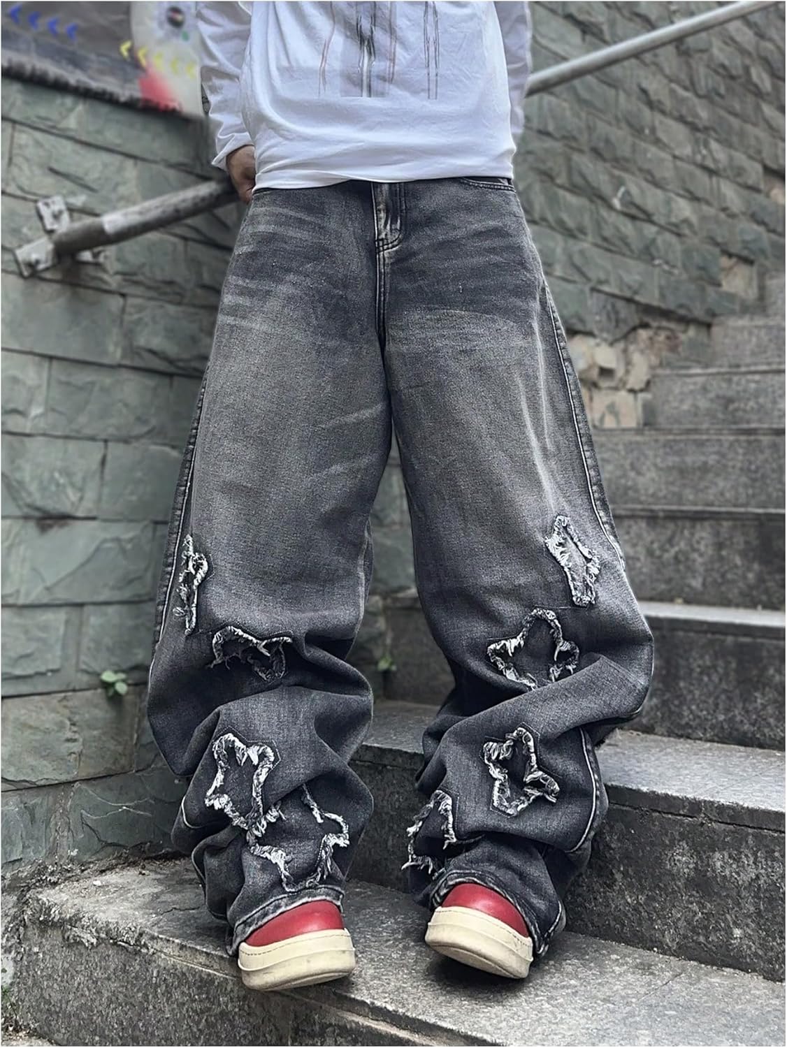 Men's Hip Hop Baggy Jeans Vintage Raw Wide Leg Loose Denim Pants - Image 5