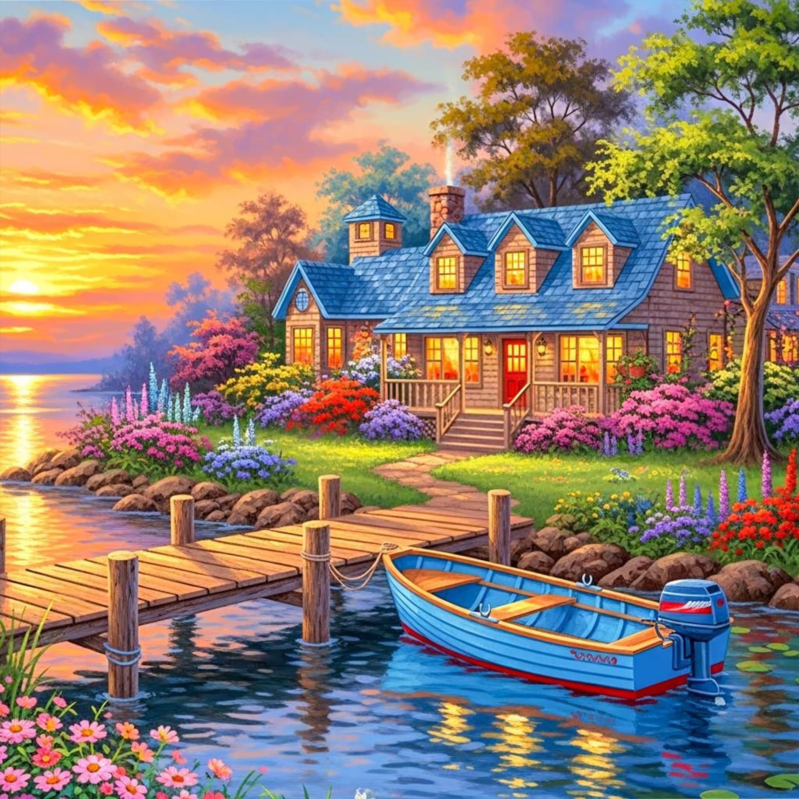 DIY Country Cabin Paint by Numbers Oil Painting Kit Drawing Paintwork on Canvas 13.65x13.65inch with Frame Canvas Oil Painting Number Painting for Beginners Adults Gift Home Wall Decor
