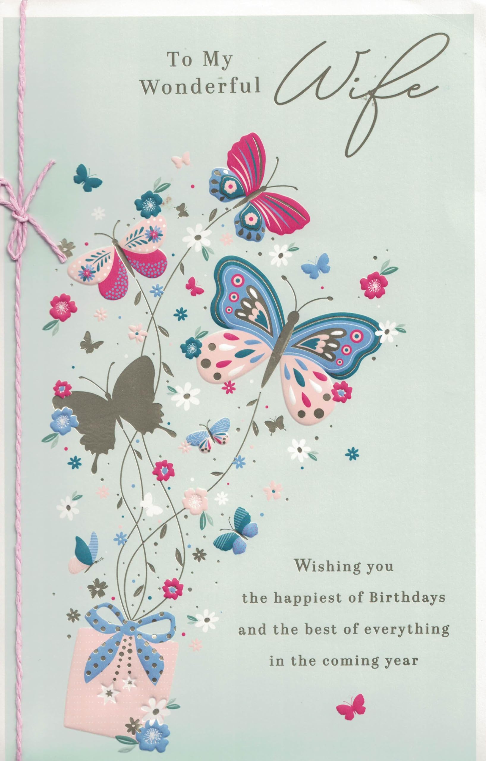 To My Wonderful Wife Birthday Card with Butterflies, Large 12 x 8 Inches with 8 Page Insert