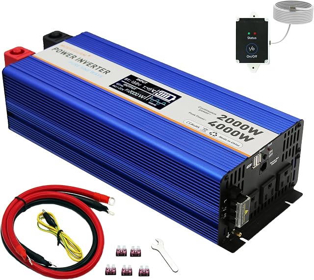 MOVFFGGRM 2000W Pure Sine Wave Power Inverter peak-4000 Watt,DC 12V to 110V,with 3xAC,2xUSB Port,LCD Digital Display, Press Button or Control by Wire Switch,High Power Output Terminal