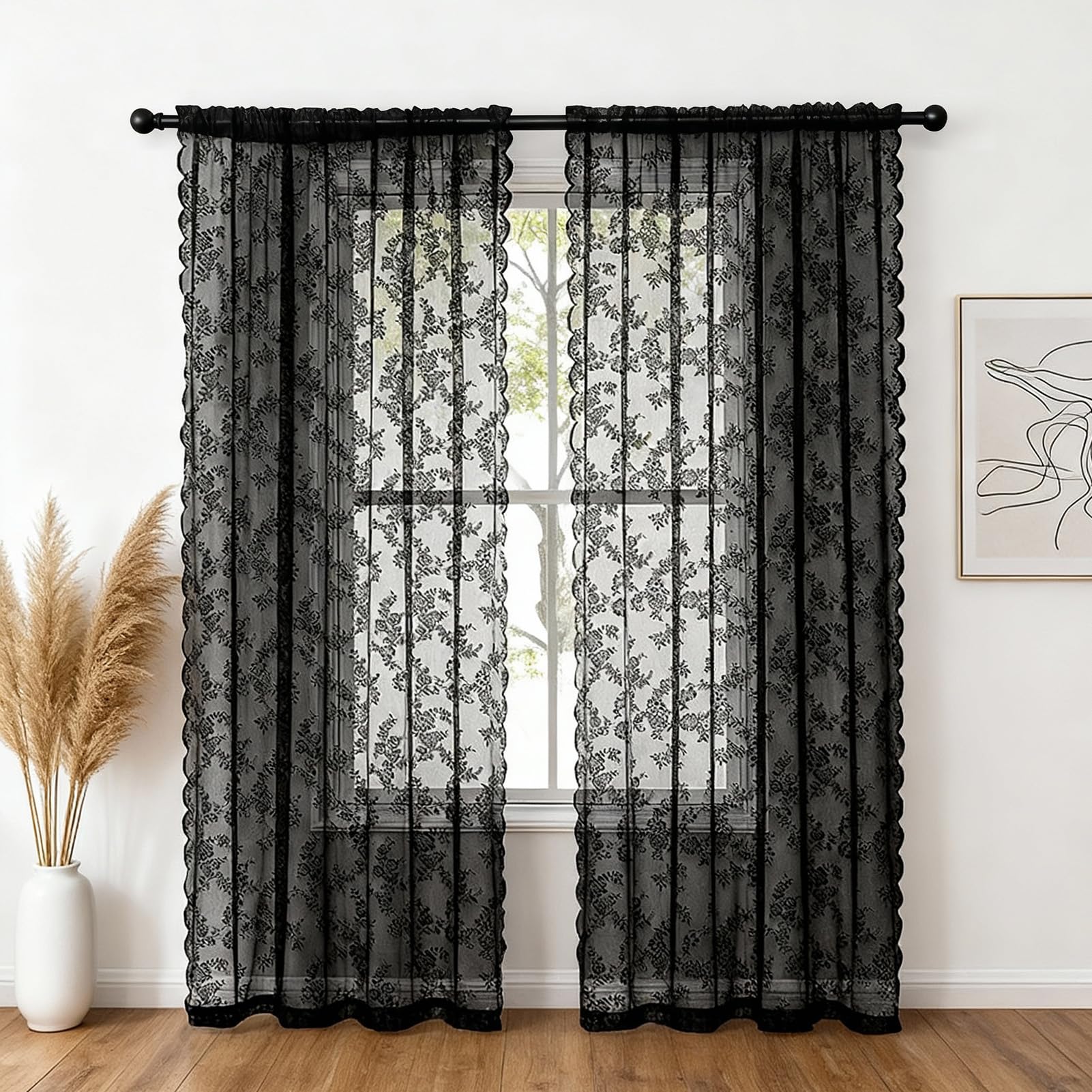 NAKIHOUSE Lace Voile Curtain, 2 Panels Net Curtains for Windows 84 Drop, Elegant Slot Top Sheer Curtains, Light Filtering Black Voiles for Bedroom Living Room, Breathable & Graceful Window Drapes — image 1