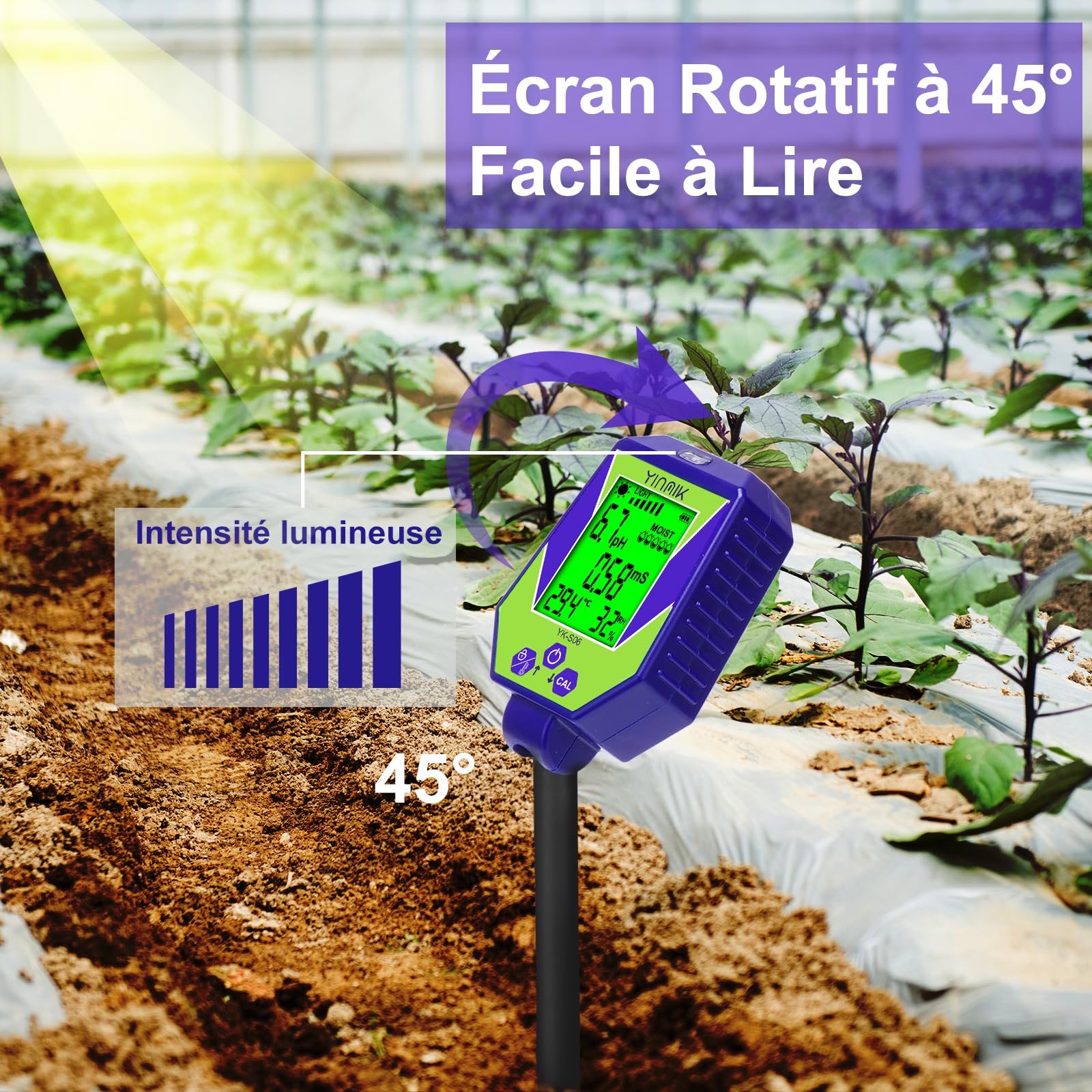 YINMIK Testeur de pH du Sol 6 en 1, Testeur D'humidité du Sol Intelligent, pH EC Salt Tester for Soil & Water Meter,kit de Test de pH du Sol pour Jardin, Ferme, bonsaï