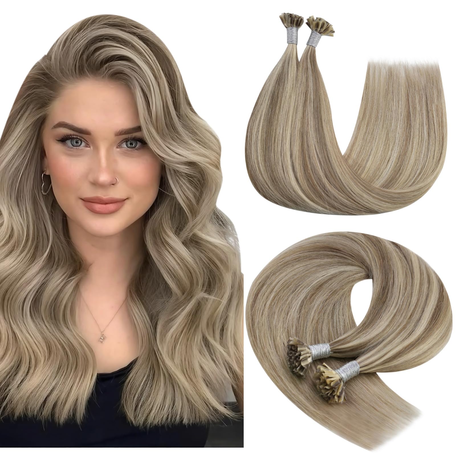 YoungSee Nano Beads Hair Extensions Blonde 14inch Nano Hair Extensions Warm Ash Blonde Highlights Bleach Blonde Nano Ring Hair Extension Highlight for Women Cold Fusion 50g Short Straight 50s — view 20