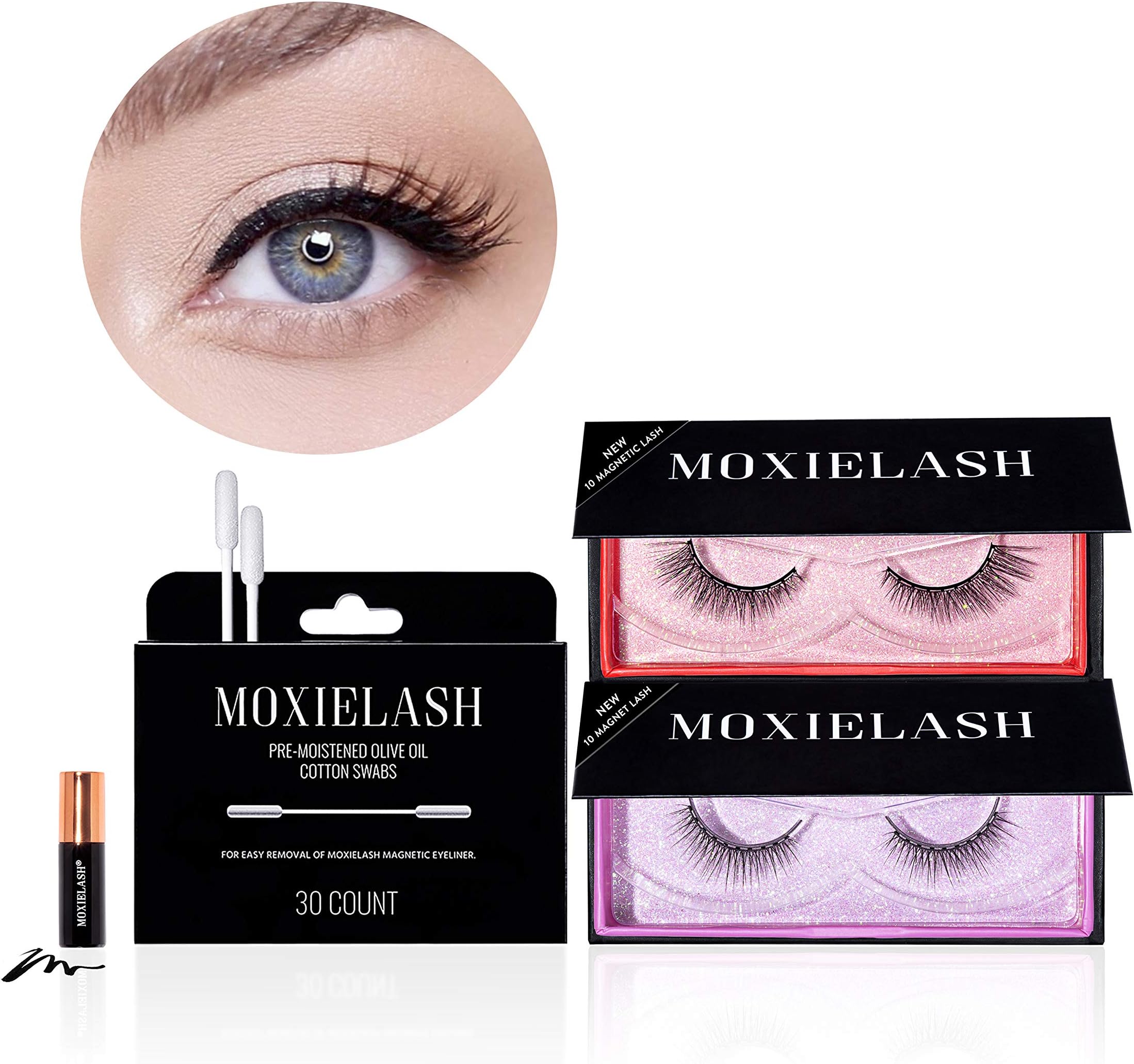 MoxieLash - Round Eyes Bundle - Mini Liquid Magnetic Eyeliner, Two Sets of Natural Magnetic Lashes and Eyeliner Remover Swabs - Classy and Wifey Lash Sets - Up to 60 Wears