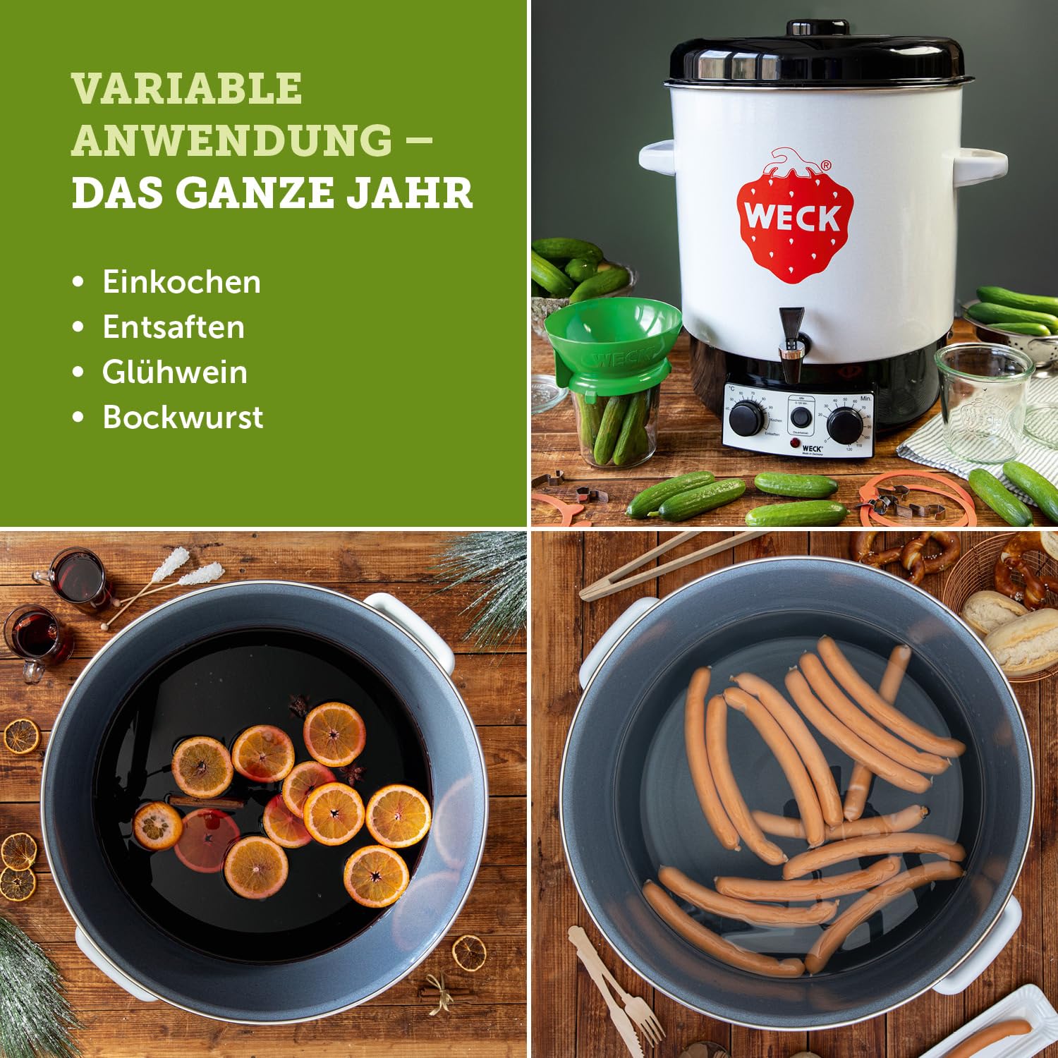 WECK Einkochautomat WAT15-A Emaille mit Präzisionsthermostat, Auslaufhahn & Zeitschaltuhr – 29L Einkochtopf, Glühweinkocher, Dampfentsafter, Einweckautomat – Made in Germany