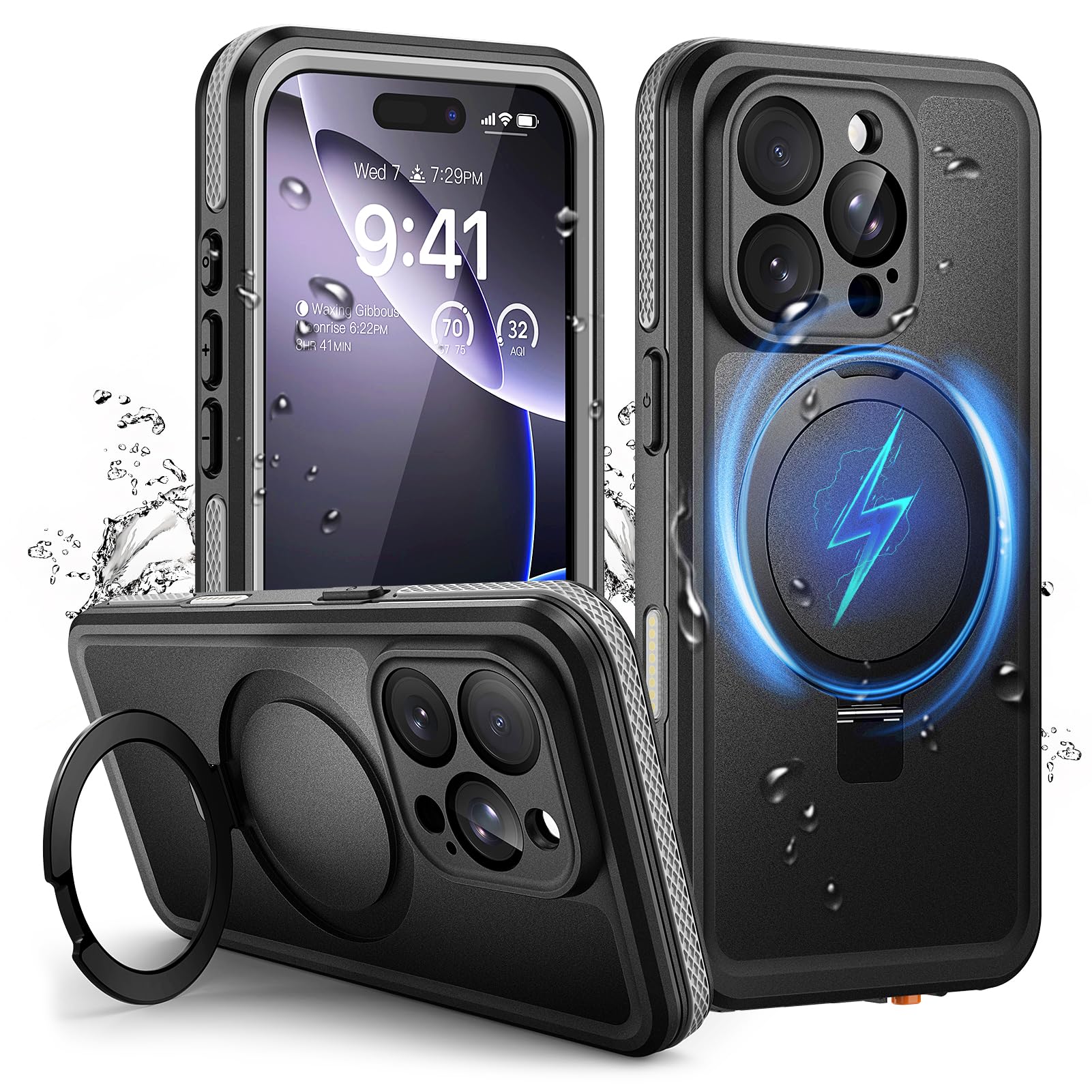 Funda para iPhone 16 Pro Impermeable con Soporte, IP68 Estanca Carcasa con MagSafe, 360° Protectora Antigolpes Antipolvo, Sumergible Acuatica Waterproof Case para iPhone 16 Pro, Negro