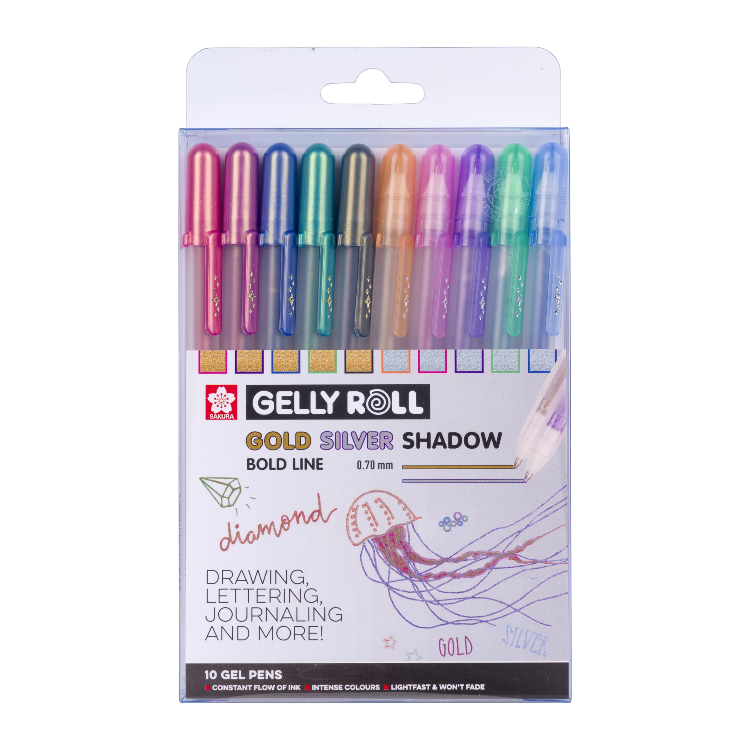SAKURA Gelly Roll Oro y Plata Sombra Purpurina Bolígrafos de Gel Estuche de 10 | Efecto Metálico Especial | Bolígrafos para Escribir, Dibujar, Diario y Manualidades