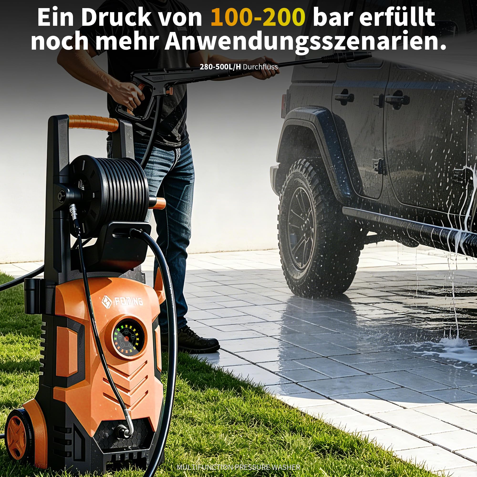 2026New Hochdruckreiniger Touchscreen 8-stufiger 200 Bar, 6-in-1-Düse, 90cm Gerätehöhe, Einstellbarer Druck 100-200bar, Fördermenge 280-500l/h, Flächenleistung 60m²/h, mit Schaumkanone Schlauchtrommel