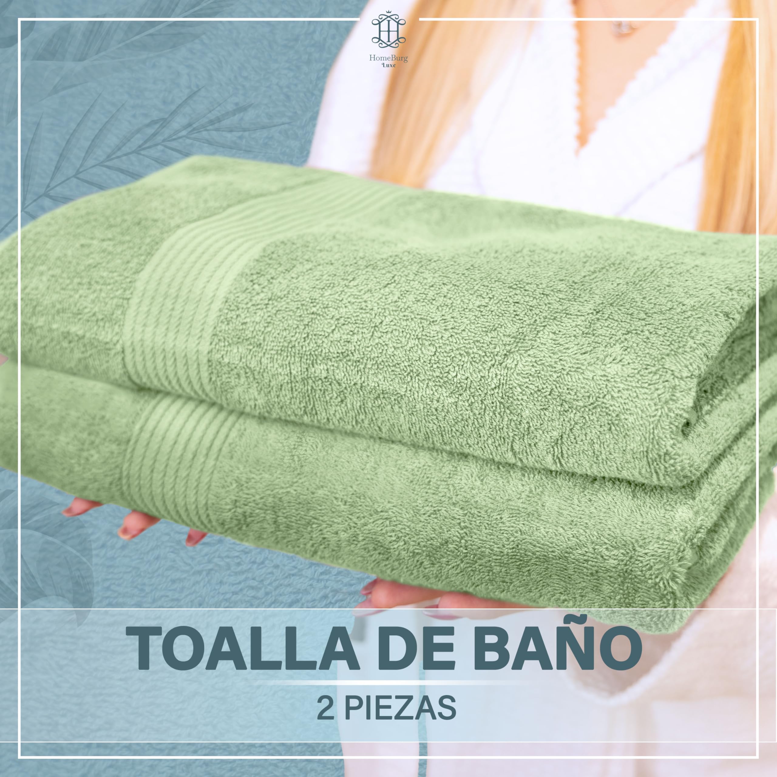 Luxe Set de 2 Toallas de Baño - Grandes, Suaves & Absorbentes, Duraderas, Suaves para la Piel, Lavables a Máquina, 65×137 cm, Verde Salvia
