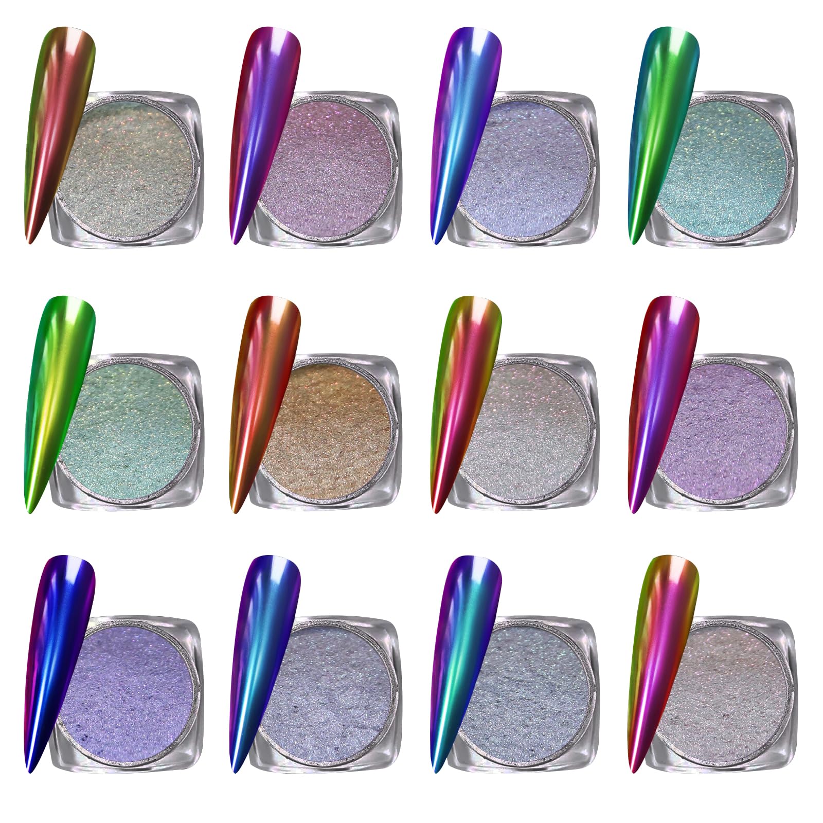 RoseFlower Poudre Chrome Ongle, 12 Couleurs Effet Miroir Holographique Aurora Chameleon Poudre à Paillettes Métalliques pour Ongles, Paillettes pour Nail Art à la Maison, Manucure DIY