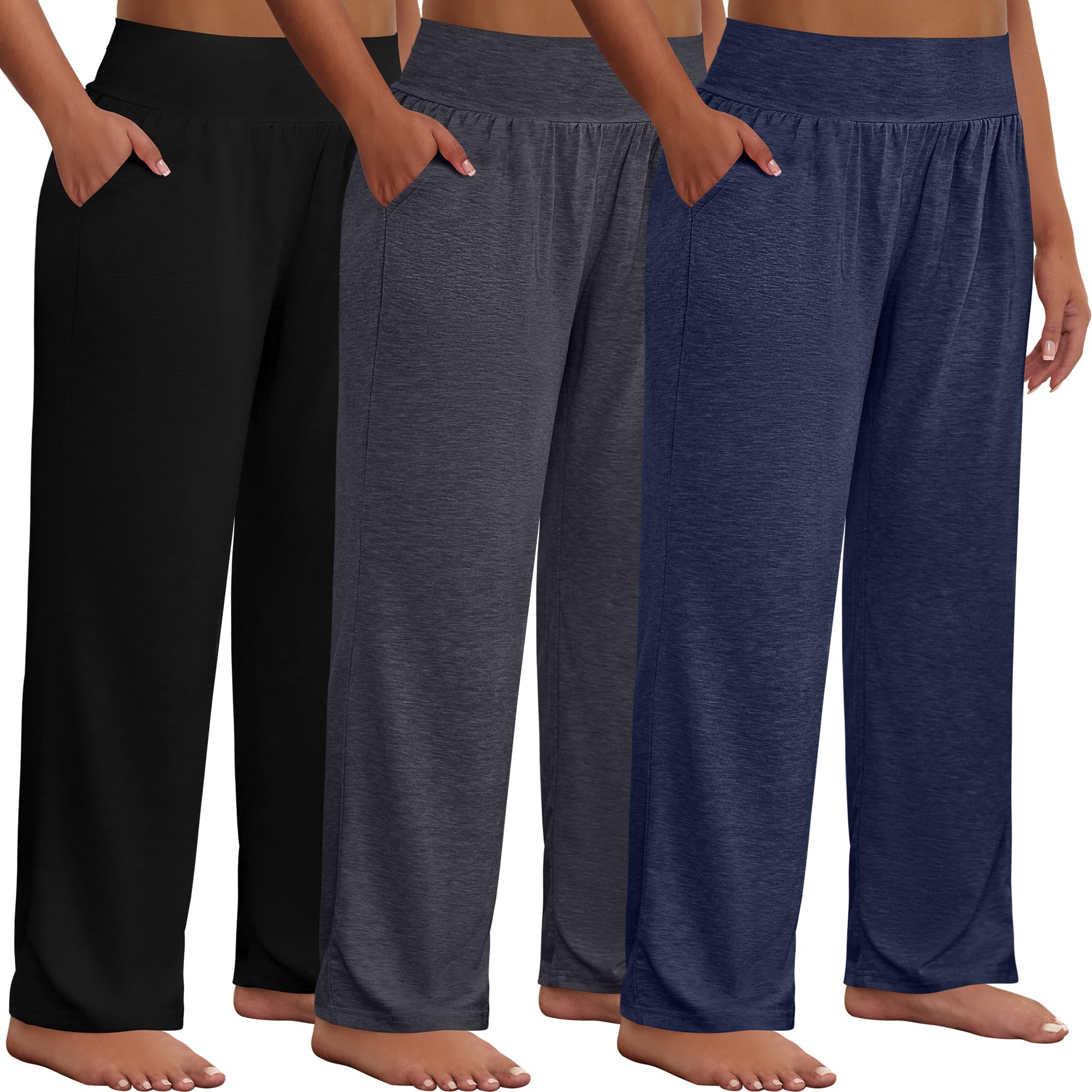 Neer Lot de 3 pantalons de yoga à jambes larges pour femme - Taille haute - Pantalon de survêtement Palazzo avec poches