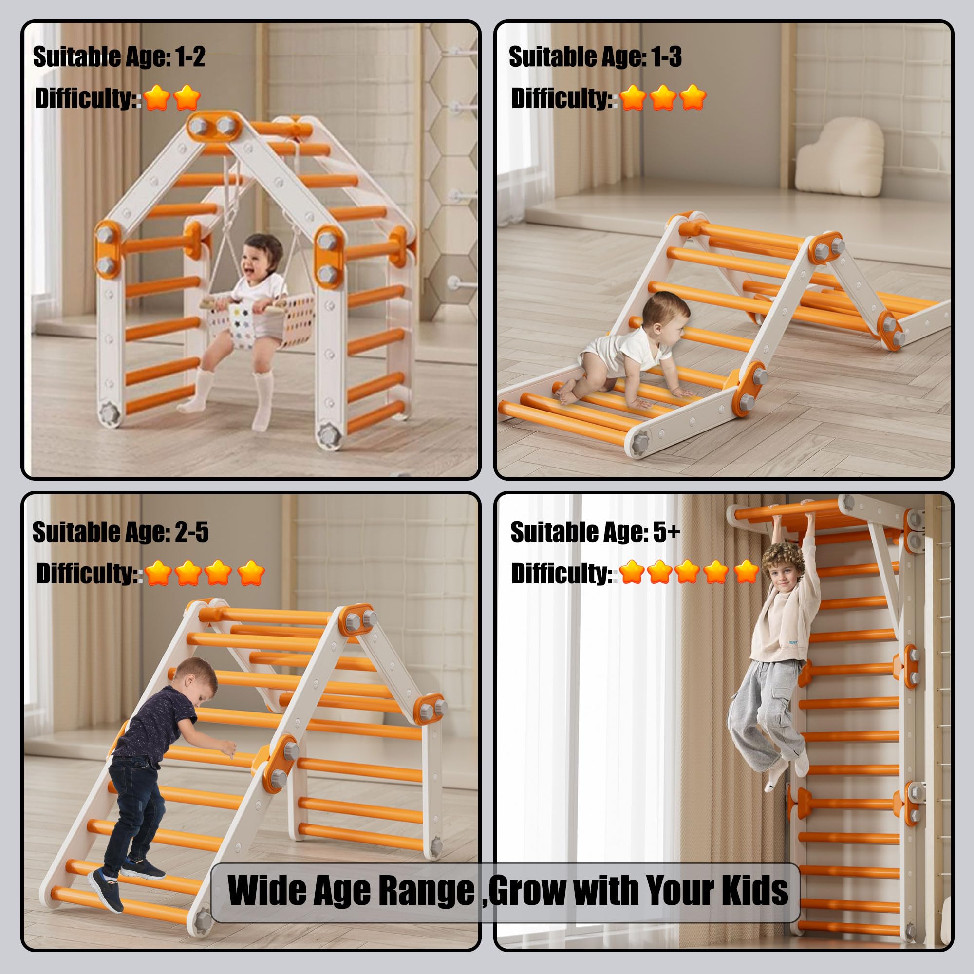 Juguetes de escalada compatibles con diapositivas, juego de triángulos Pikler para niños, multifunción plegable para interiores (naranja) 5