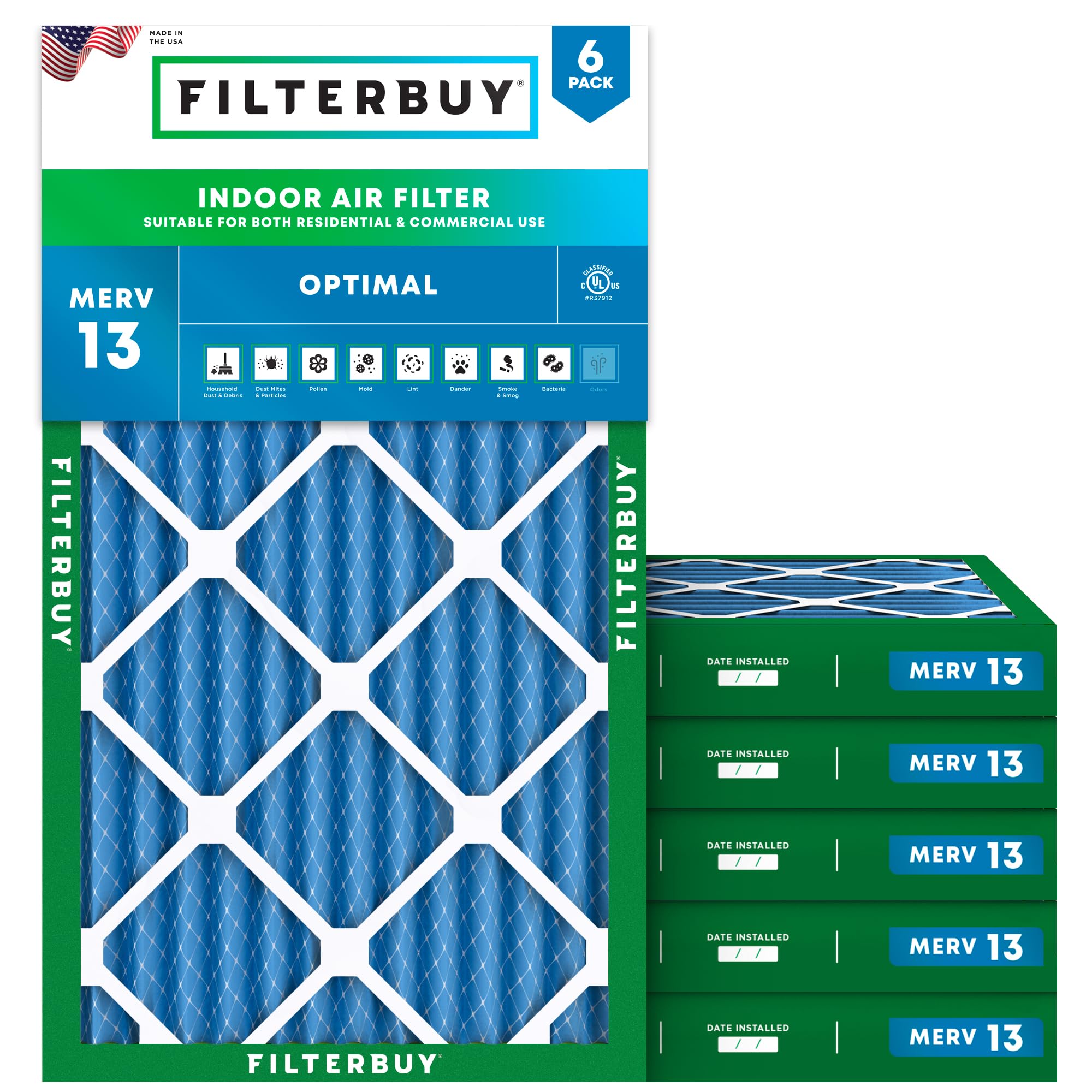 Filterbuy 14x24x2 Air Filter MERV 13 Optimal Smoke & Allergy Defense (6-Pack), Electrostatic Pleated HVAC AC Furnace Filters Replacement, Made in USA (Actual Size: 13.50 x 23.50 x 1.75)