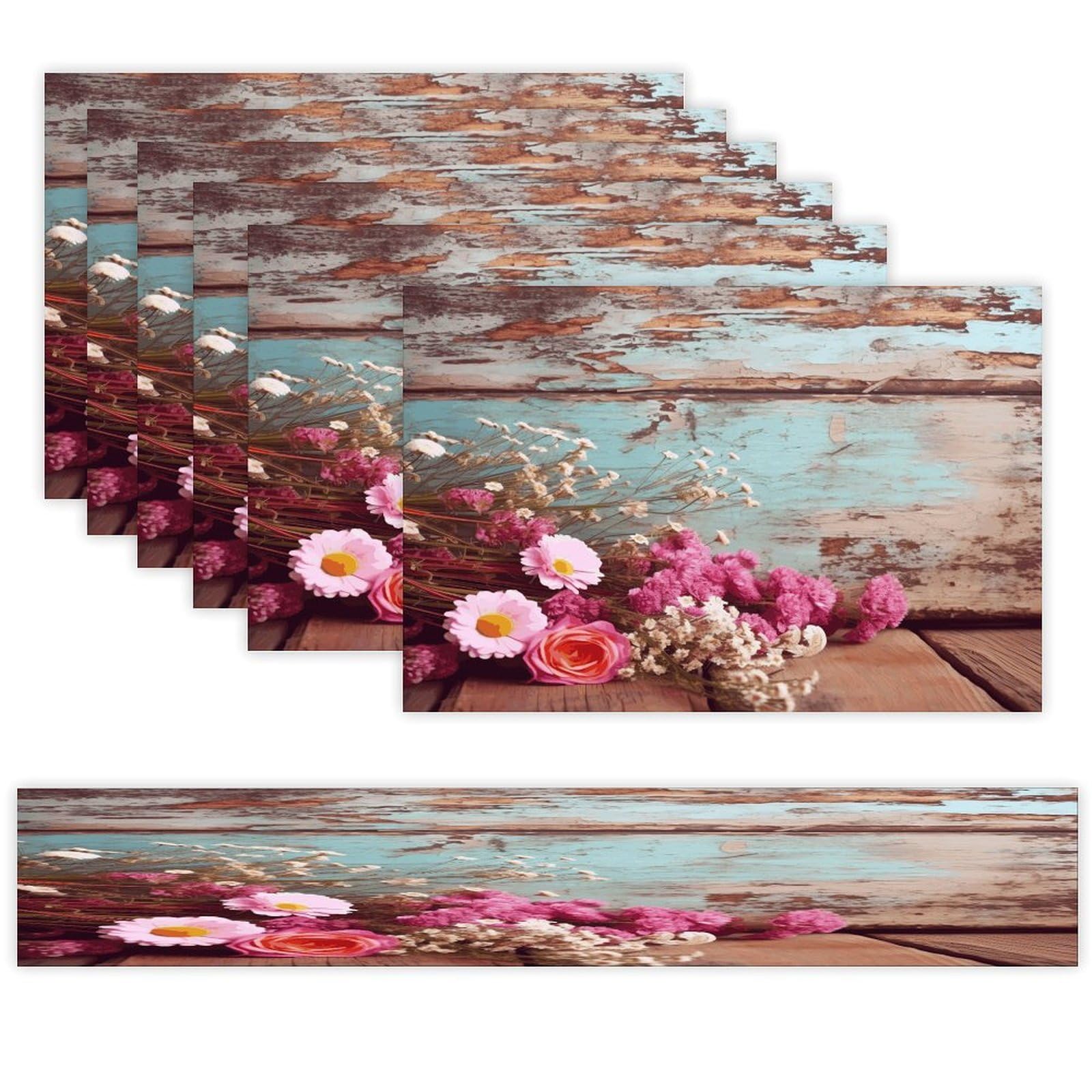 Rustic Flowers Table Runner and Placemats Set of 6 for Kitchen Washable Table Mats Heat Resistant Place Mats Non-Slip Place Mat Wipeable Placemat(6 Placemats+1 Table Runner)
