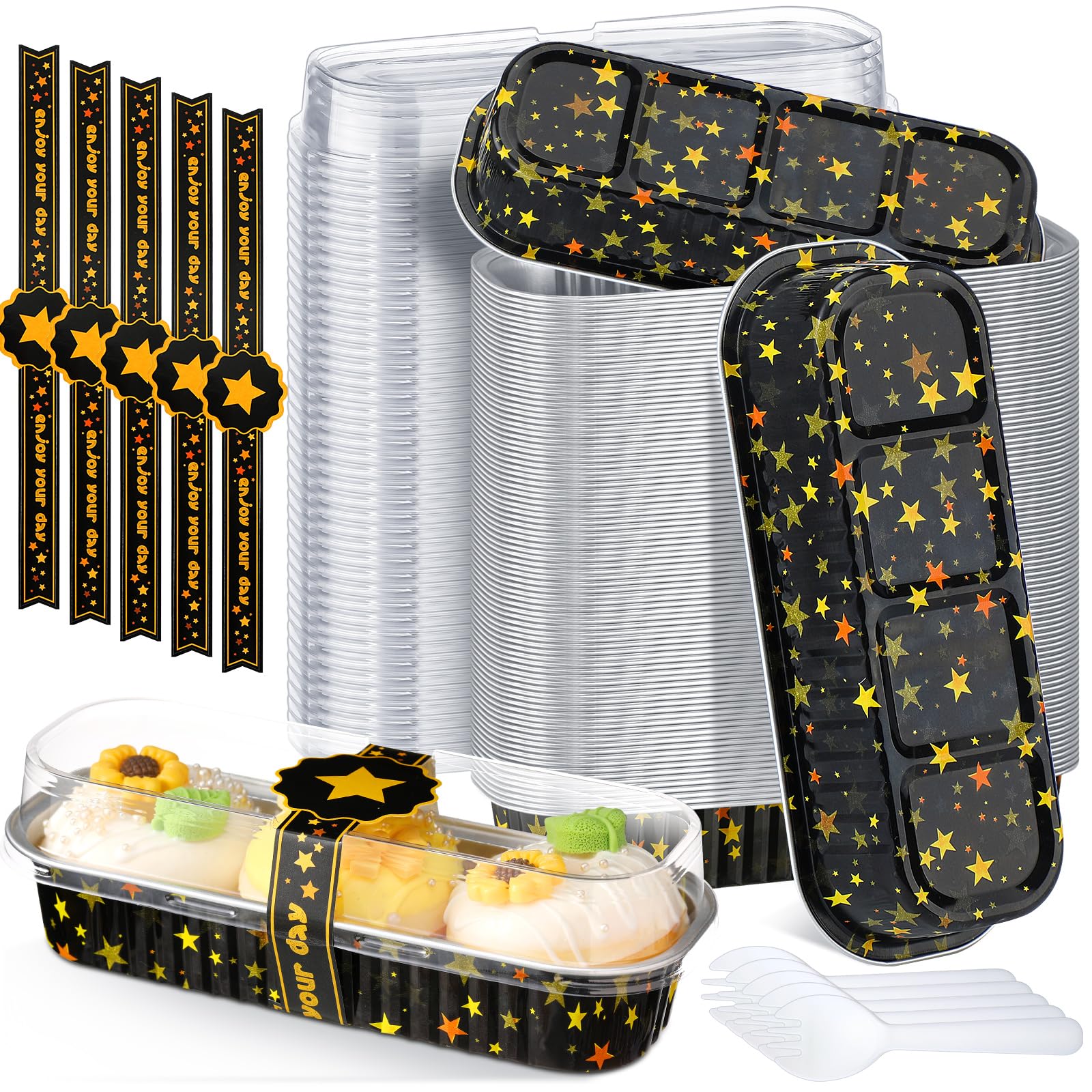 Tioncy 100 Pcs Mini Loaf Pans with Lids Spoons Sealing Stickers, Mini Cake Pans, Aluminum Foil Baking Bread Containers, Bakery Party Supplies 6.8oz