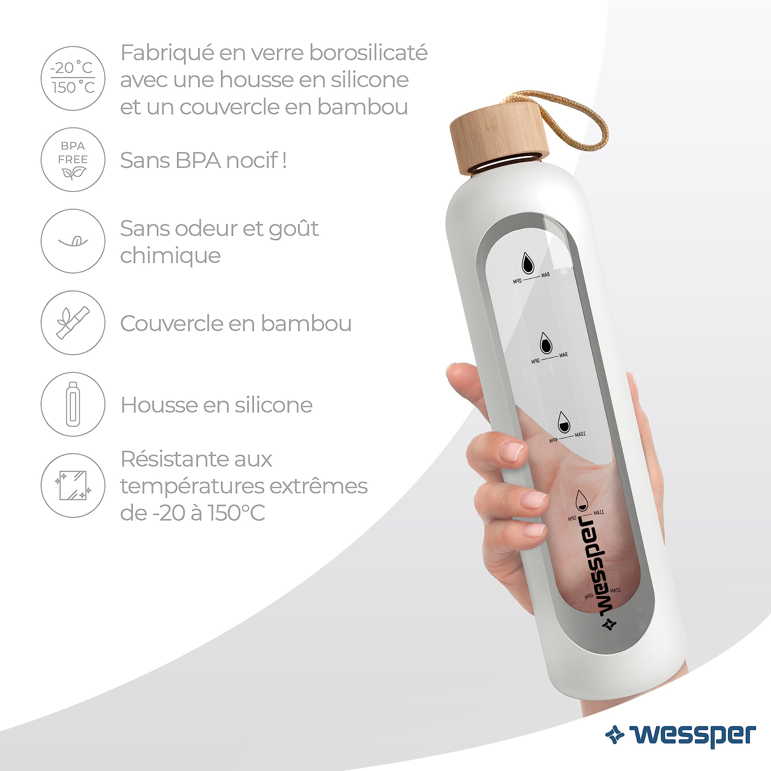 Wessper Bouteille d’eau 1L de Motivation en verre avec temps horaire, Sans BPA, Gourde en verre & Bouteille d’eau 1L de Motivation en verre avec temps horaire, Sans BPA