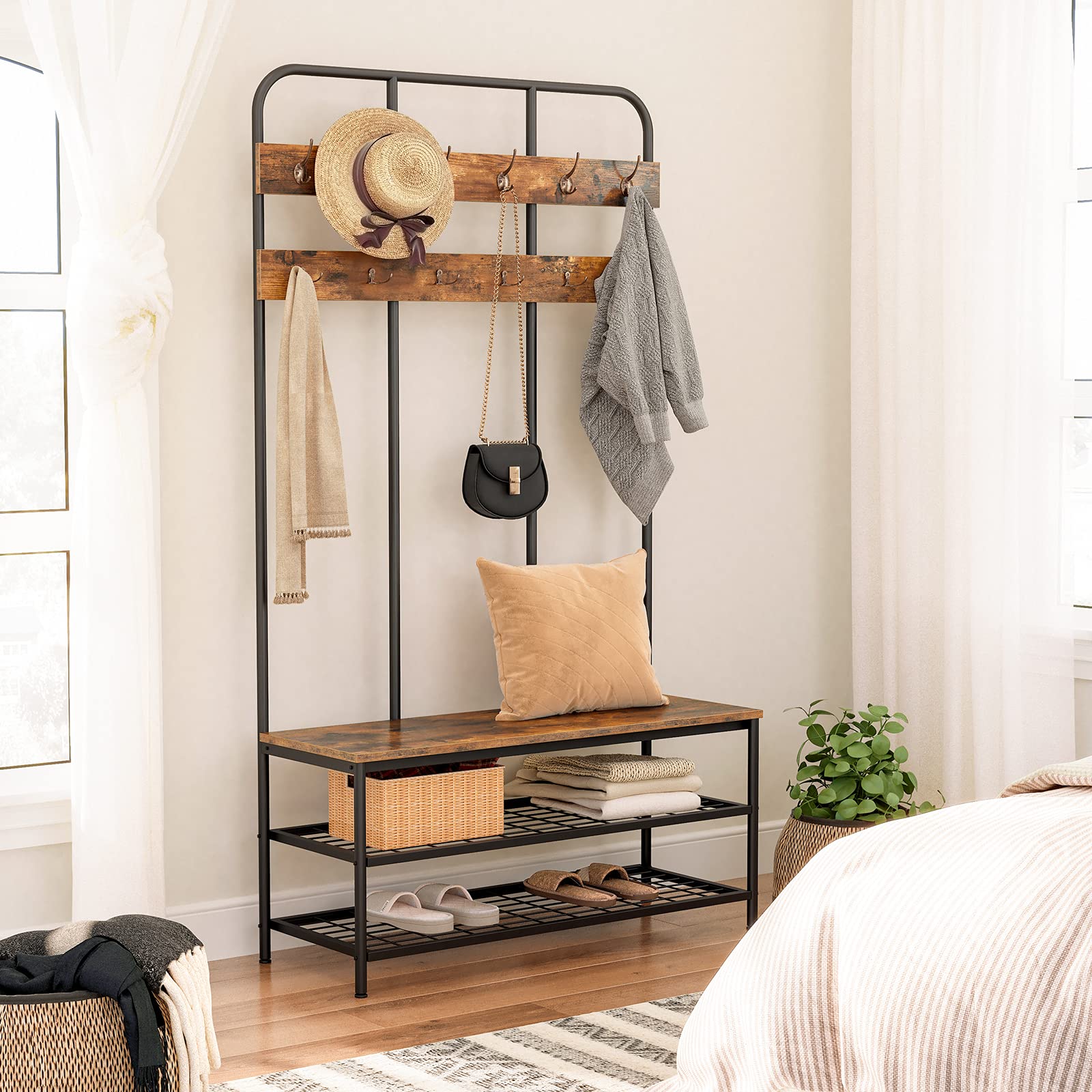 HOOBRO Grand Porte-Manteau, Meuble d’Entrée, avec Banc et Étagère à Chaussures 2 Niveaux, avec 12 Crochets, 100 x 35,5 x 182 cm, pour Couloir, Chambre, Style Industriel, EBF05MT01