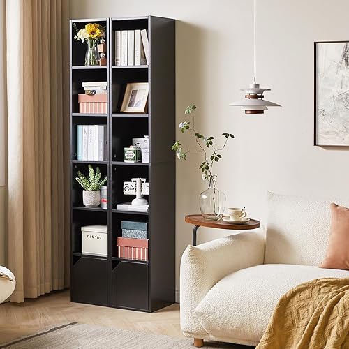 Miniatura 5 de IBUYKE Estantería estrecha de 6 niveles, moderna estantería de esquina negra con almacenamiento de puertas, estante de torre multimedia, gabinete,