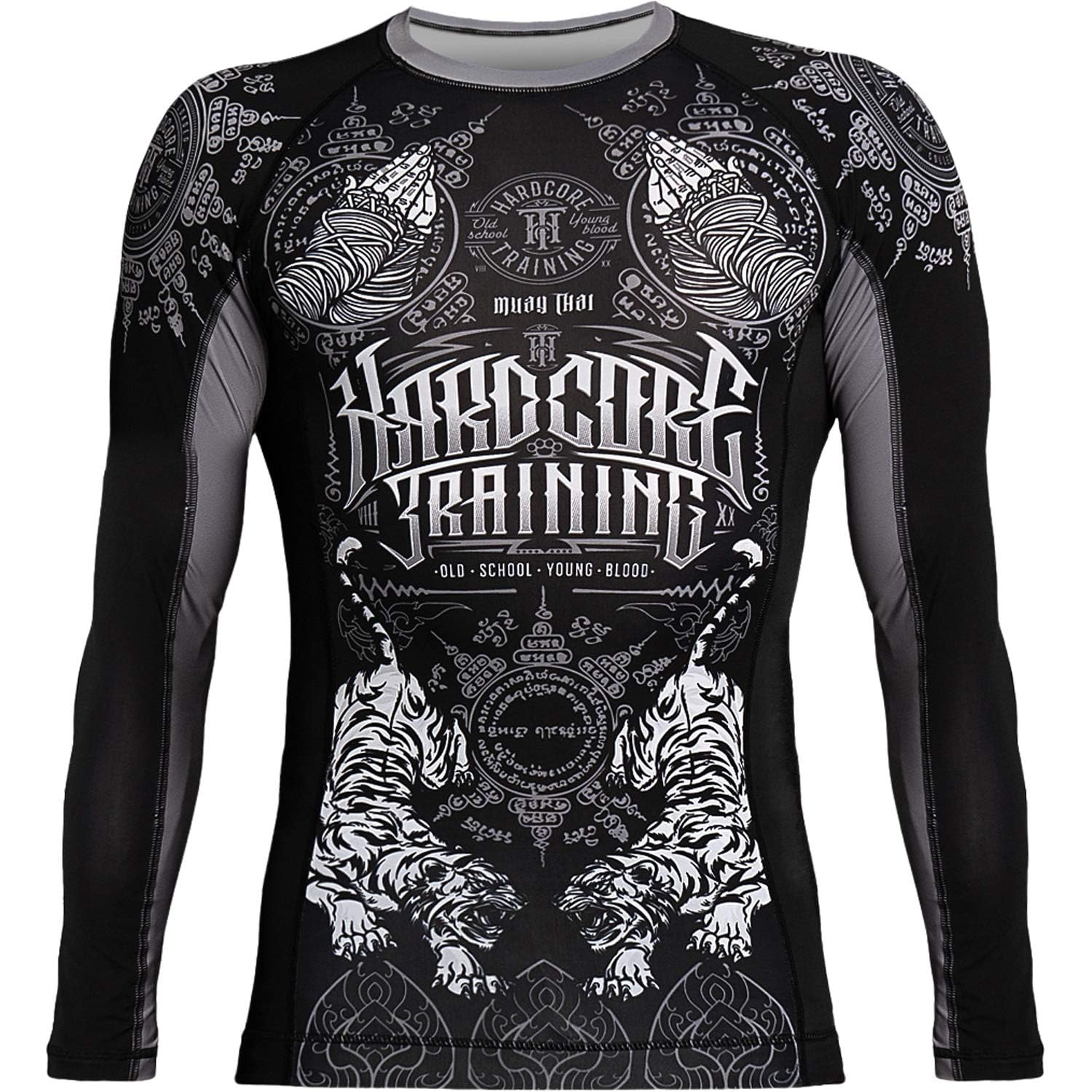 Hardcore Training Męska koszulka kompresyjna Rashguard, długie ramię Jiu Jitsu MMA No-Gi Enge BJJ Grappling warstwa bazowa walka, Srebrny, czarny, 4XL