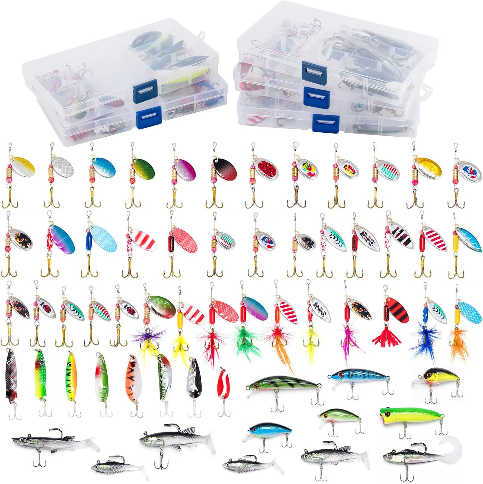 60 Pieces Fishing Lures, 5 Tackle Box with Tackle Included, Trout Lures Rooster Tail Spinner Baits Soft Baits Fishing Lures for Freshwater Saltwater Crappie Walleye Bass Lures Kit