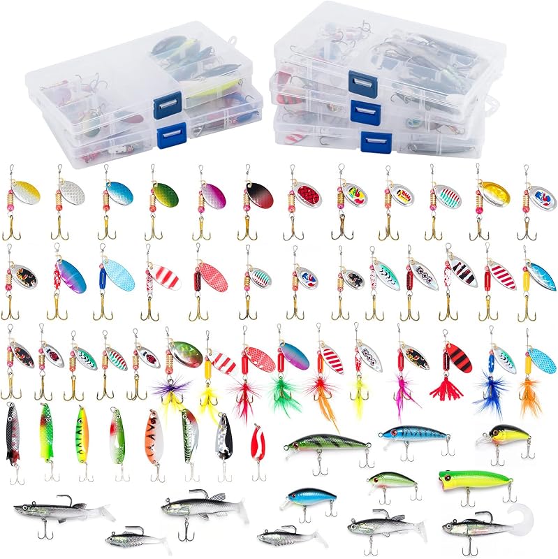 Dr.Fish 60 Pieces Fishing Lures, 5 Tackle Box with Tackle Included, Trout Lures Feather Tail Spinner Baits Soft Baits Fishing Lures for Freshwater Saltwater Crappie Walleye Bass Lures Kit
