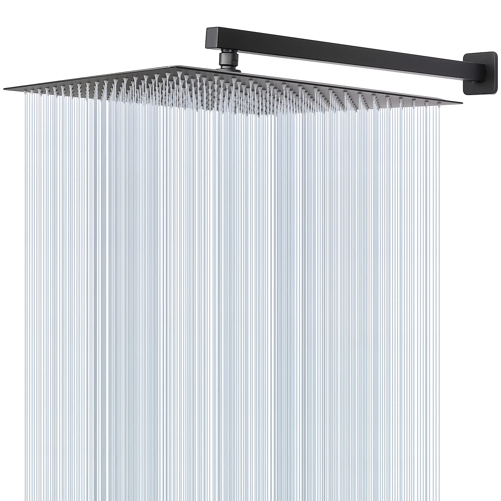 HarJue Shower Head with Extension Arm, High Pressure Square Shower Head with ShowerArm, Stainless Steel Rainfall Showerhead-Waterfall Full Body Coverage (16'' ShowerHead with 20'' Arm, Matte Black)