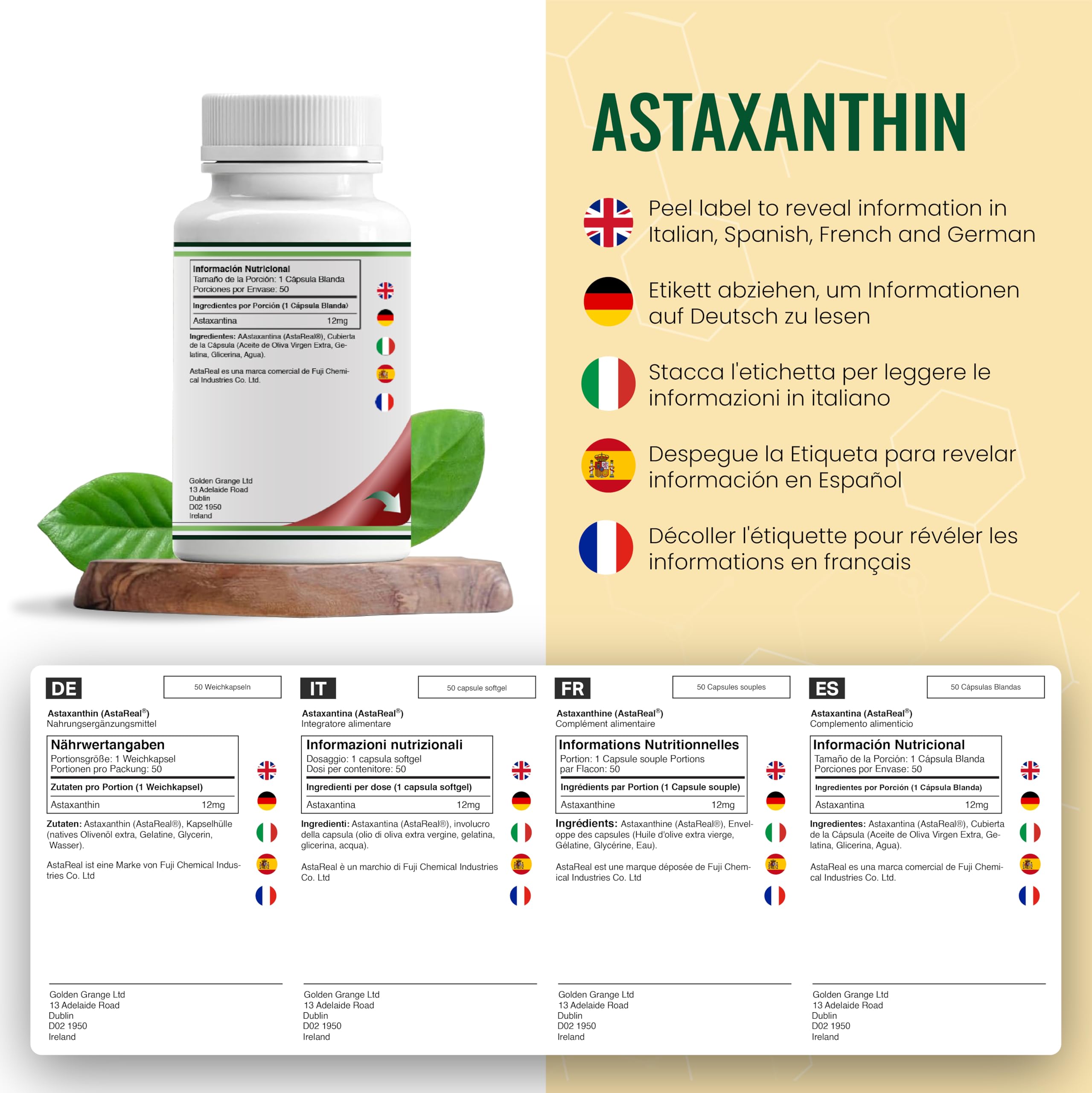 Double Wood Astaxantina | 50 Cápsulas Blandas - 12mg de Astaxantin por Porción | Suplemento Antioxidante de Alta Potencia | Sin OGM ni Gluten | Hecho en el RU