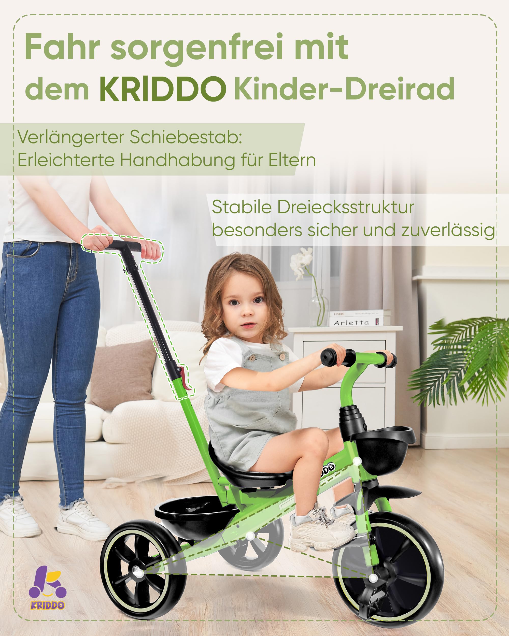 KRIDDO 2-in-1 Kinder Dreirad für 18 Monate bis 5 Jahre - mit verlängerter Schubstange für müheloses Schieben, Kinder 3-5 Jahre, Dreirad mit klappbarer Fußstütze vorne, Grün
