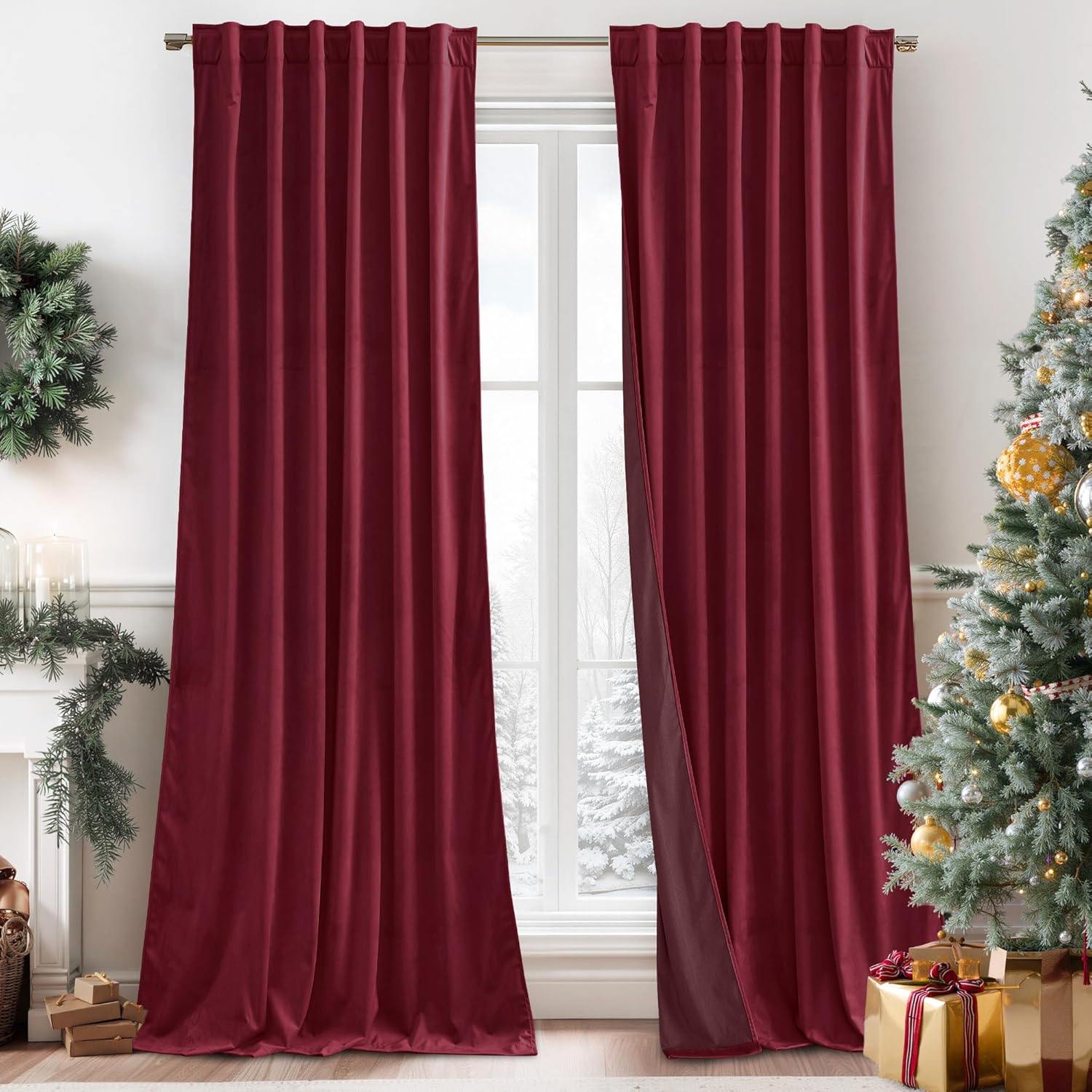 RYB HOME Burgundy Red Velvet Curtains for Christmas Decor, Soft Luxury Backdrops for Studio Theater, Back Tab Design for Bedroom Living Room, 62" W x L96 L, 2 Panels Set 62"W x 96"L (Pack of 2) Burgundy