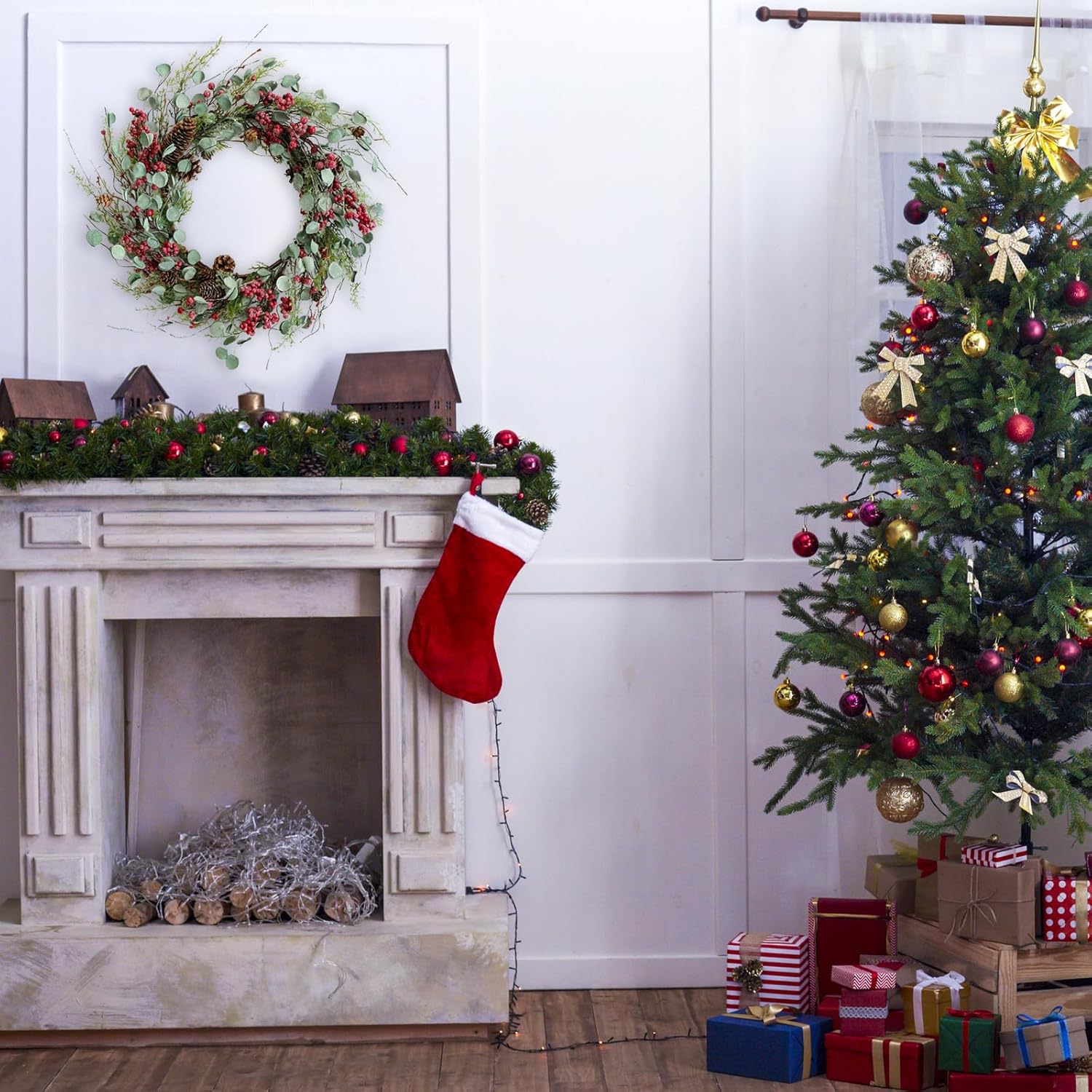 Bibelot 20 Inches Red Berry with Pine Cones Christmas Wreath for Front Door - Artificial Green Leaves Festival Decor, Farmhouse Rustic Winter Home Wall Windows Wreath (Red) - Image 4